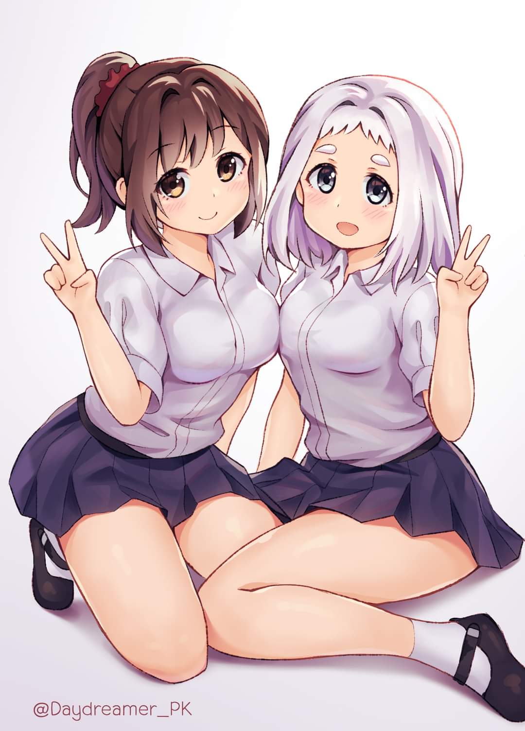 2girls bare_legs black_footwear blue_eyes blue_skirt breasts brown_hair daydreamer_pk highres medium_breasts medium_hair multiple_girls ponytail school_uniform shirt shoes skirt socks thai_student_uniform v white_hair white_shirt yellow_eyes