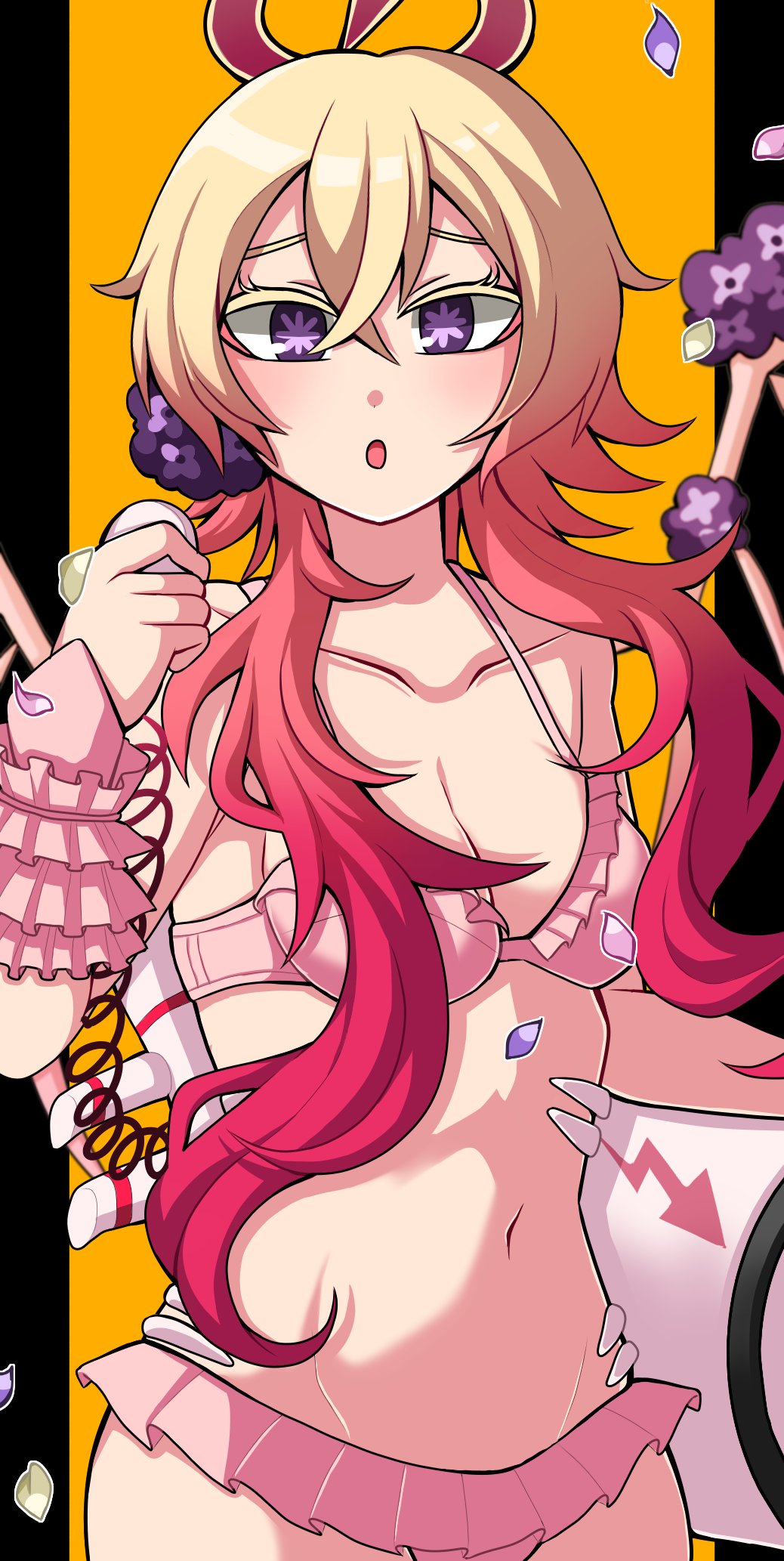 1jumangoku :o bikini black_border blonde_hair border breasts cable collarbone colored_eyelashes corded_phone cq_tenshi_hamuel flower flower_in_eye frilled_bikini frills gradient_hair hair_flower hair_ornament hair_over_shoulder hair_ribbon highres holding holding_cannon holding_phone long_hair looking_at_viewer magical_girl mahou_shoujo_ikusei_keikaku mahou_shoujo_ikusei_keikaku_aces mahou_shoujo_ikusei_keikaku_queens medium_breasts multicolored_hair navel open_mouth petals phone pillarboxed pink_bikini pink_hair purple_eyes purple_flower raised_eyebrows ribbon skeletal_wings spaghetti_strap stomach swimsuit symbol_in_eye wings yellow_background