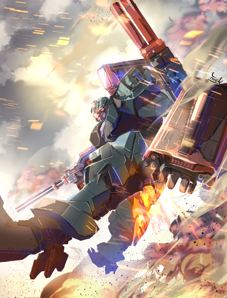 ahamma armored_core armored_core_6 cloud cloudy_sky day debris extra_eyes floating gatling_gun glowing glowing_eyes gun holding holding_gun holding_weapon liger_tail_(armored_core) looking_at_viewer mecha mecha_focus minigun no_humans outdoors red_eyes robot science_fiction shoulder_cannon sky smoke tetrapod thrusters weapon