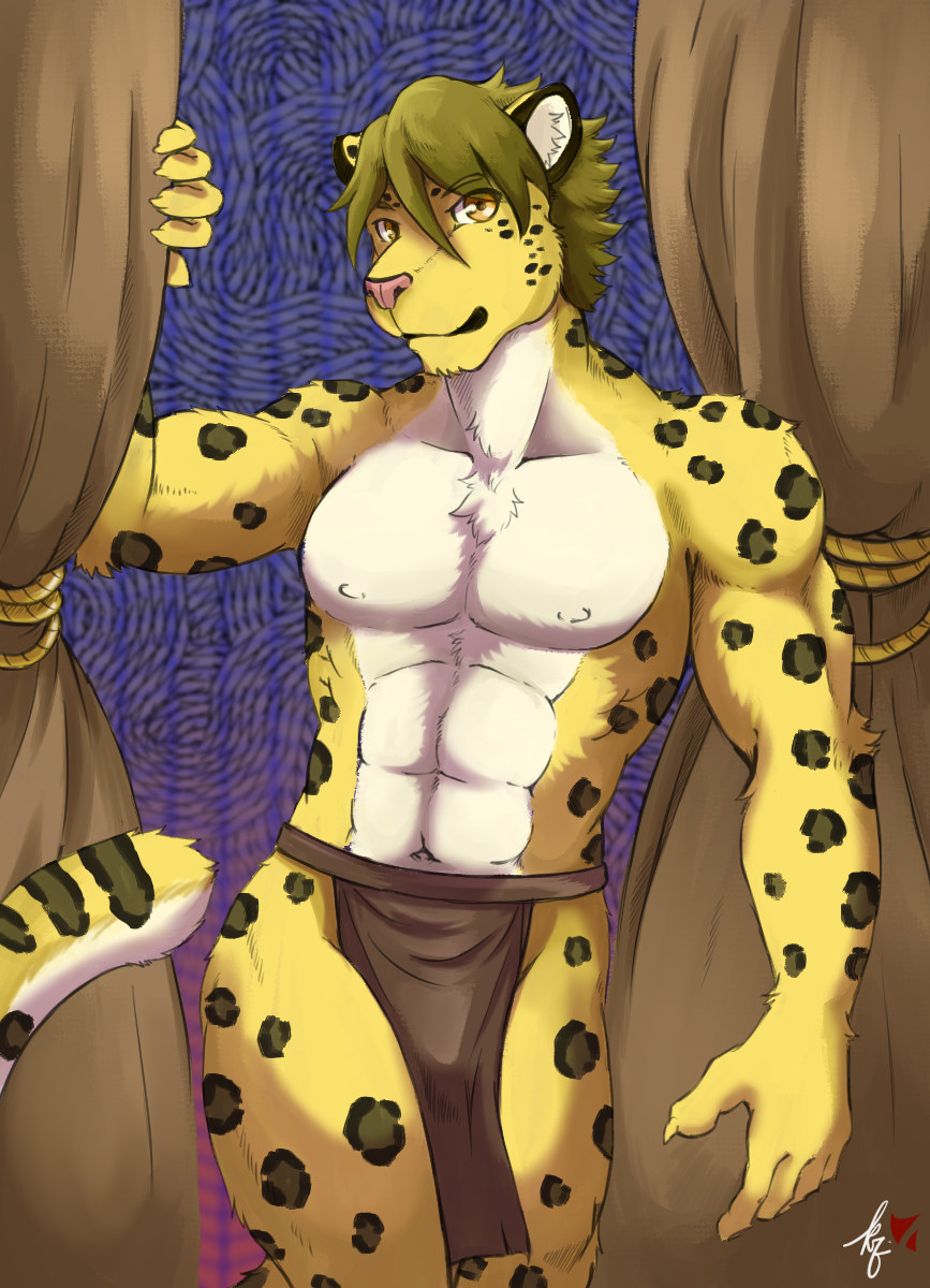 anthro baroque_(artist) bottomwear clothing curtains felid feline hi_res loincloth mammal pantherine snow_leopard solo spots spotted_body standing