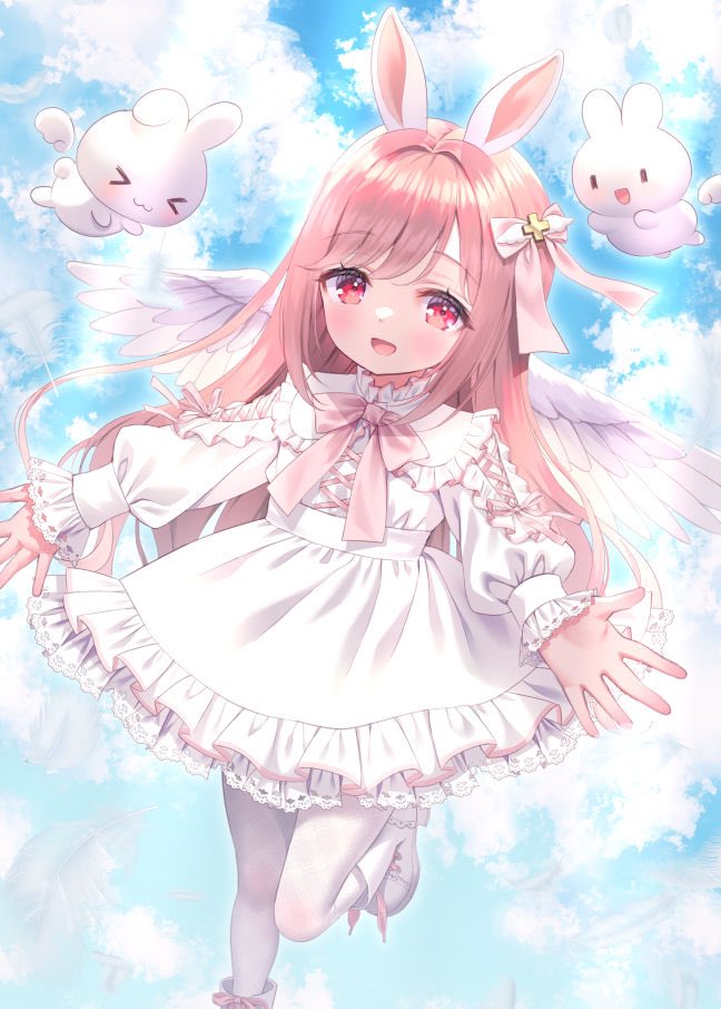 &gt;_&lt; 1girl :3 :d animal_ears blue_sky boots bow chitosezaka_suzu closed_eyes closed_mouth cloud cloudy_sky collared_dress commentary_request day dress feathered_wings frilled_dress frills hair_bow hair_intakes long_hair long_sleeves looking_at_viewer original outdoors pantyhose pink_bow pink_hair puffy_long_sleeves puffy_sleeves rabbit_ears red_eyes sky smile solo standing standing_on_one_leg very_long_hair white_bow white_dress white_footwear white_pantyhose white_wings wings |_|