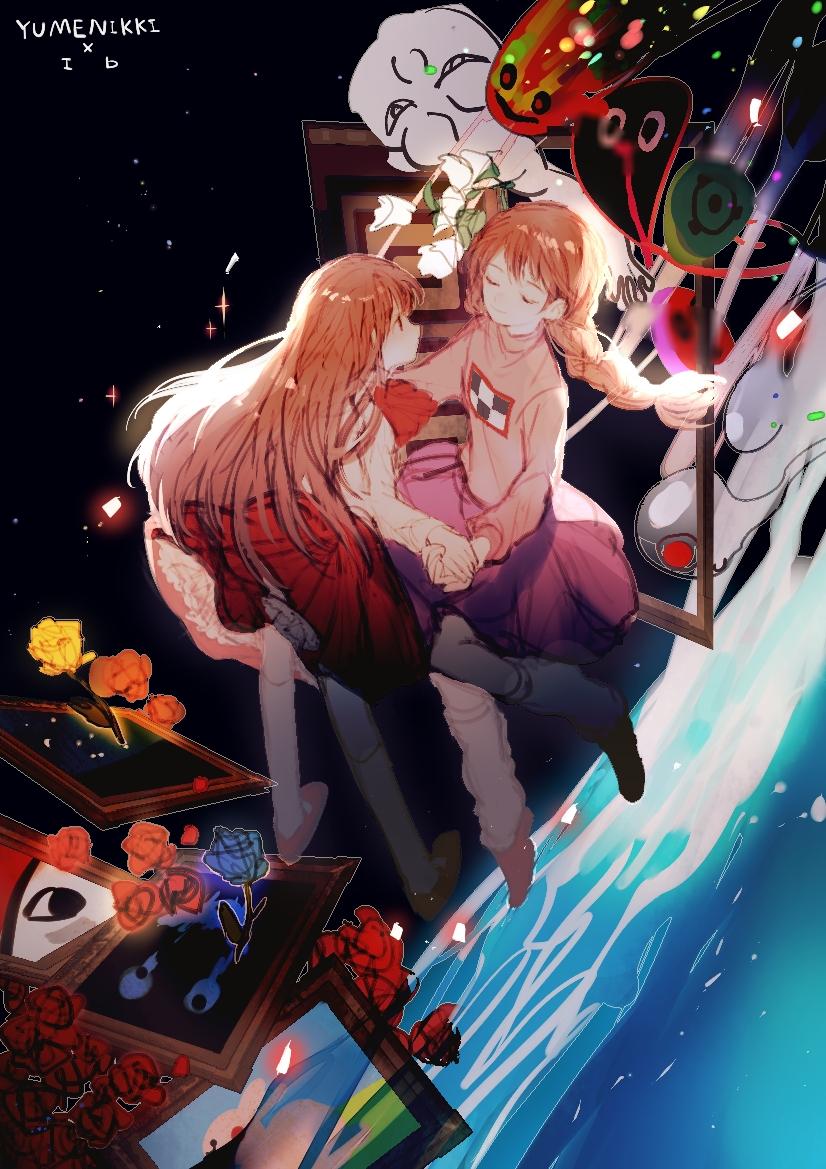 2girls ascot blue_flower blue_rose braid brown_hair character_request closed_eyes commentary_request copyright_name crossover expressionless face-to-face facing_another floating floating_hair flower frog_character_(yume_nikki) full_body holding_hands ib_(ib) kyukkyu-kun leg_warmers long_hair long_sleeves looking_at_another madotsuki mary_janes multiple_girls over-kneehighs painting_(object) petticoat pink_sweater print_sweater purple_skirt red_ascot red_eyes red_flower red_footwear red_rose red_skirt rose shirt shoes skirt smile socks sweater takofuusen thighhighs turtleneck water wheelie_(yume_nikki) white_flower white_shirt white_socks xgshjsgha yellow_flower yellow_rose yume_nikki
