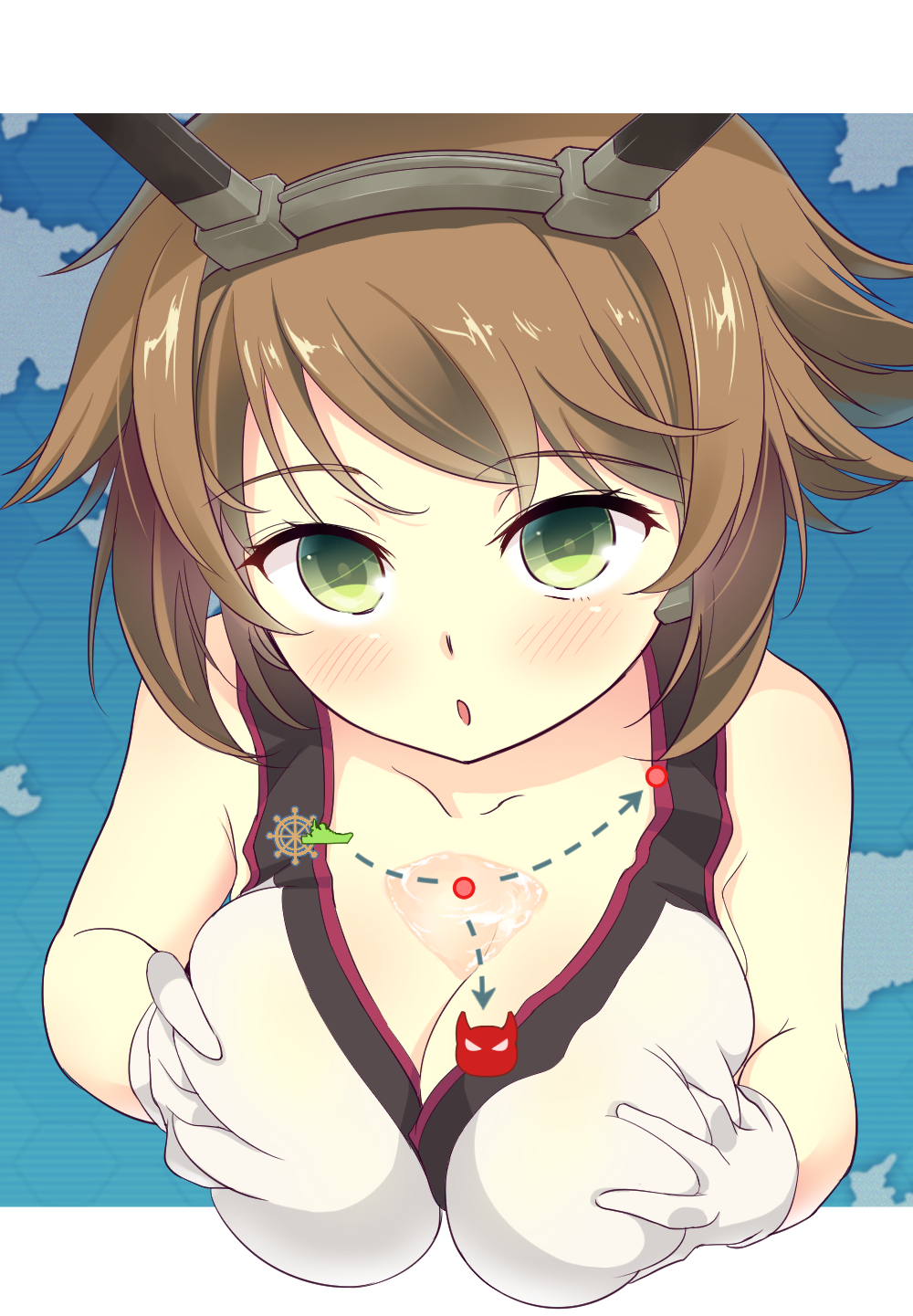 between_breasts blush breast_hold breast_squeeze breasts brown_hair bust_cup cleavage close-up gameplay_mechanics gloves green_eyes hairband highres kantai_collection large_breasts looking_at_viewer mutsu_(kantai_collection) open_mouth short_hair solo umakuchi_shouyu