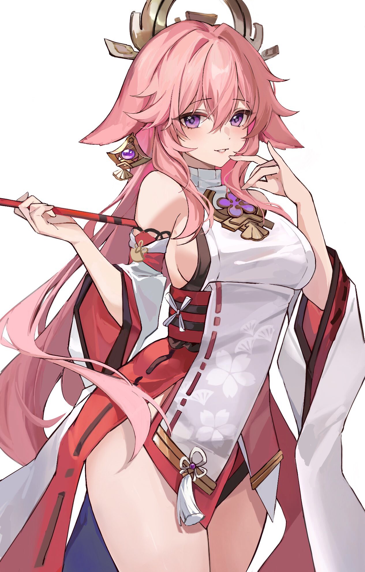 1girl animal_ears bare_shoulders breasts cherry_blossom_print detached_sleeves earrings floppy_ears floral_print fox_ears fox_shadow_puppet genshin_impact gohei hair_between_eyes hair_ornament highres holding holding_gohei jewelry long_hair looking_at_viewer medium_breasts muki_(muki_kunxd) nontraditional_miko parted_lips pink_hair purple_eyes shirt sideboob sleeveless sleeveless_shirt smile solo thighs turtleneck very_long_hair white_background wide_sleeves yae_miko