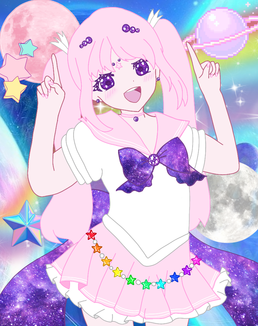 bishoujo_senshi_sailor_moon cosmic_bow frills kanori_fiction_(madokasakurai) madokasakurai moon original pink_hair pink_nails pink_sailor_collar pink_skirt planet purple_eyes rainbow sailor_collar skirt star_(symbol) twintails