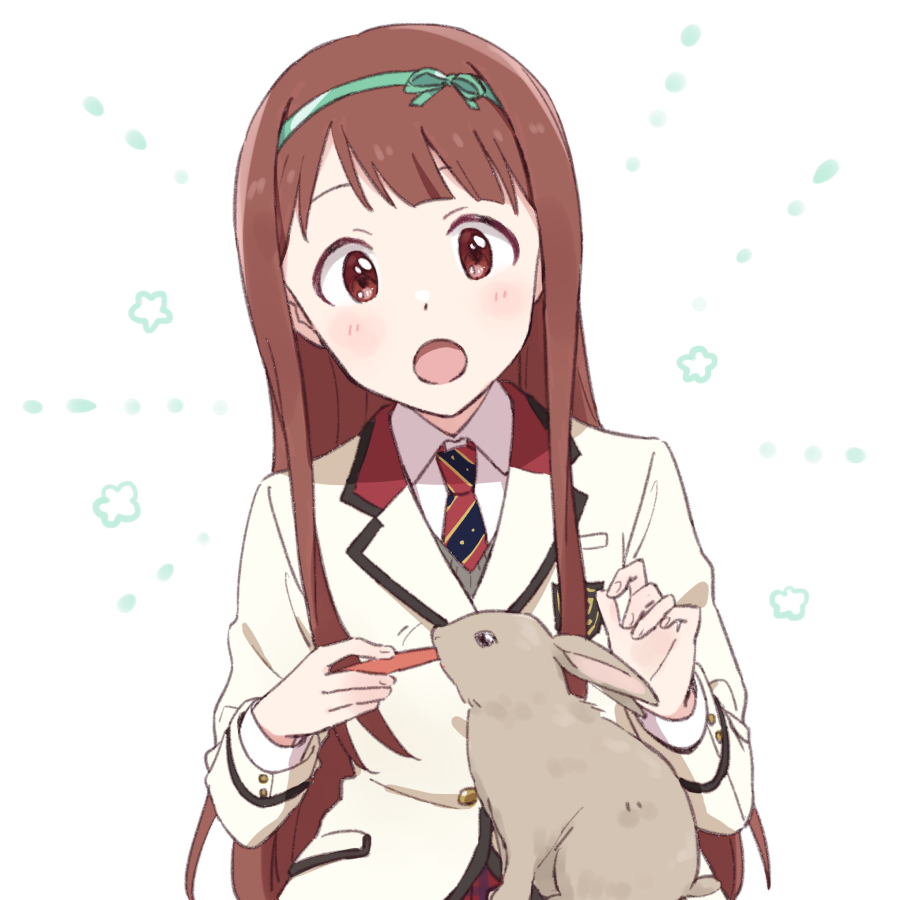 1girl blush breasts brown_eyes brown_hair carrot demirinz dot_nose food green_hairband hairband hands_up holding holding_food idolmaster idolmaster_million_live! idolmaster_million_live!_theater_days jacket long_hair long_sleeves looking_at_another medium_breasts motion_lines necktie open_mouth rabbit shirt solo striped_necktie tanaka_kotoha two-tone_necktie upper_body white_background white_jacket white_shirt