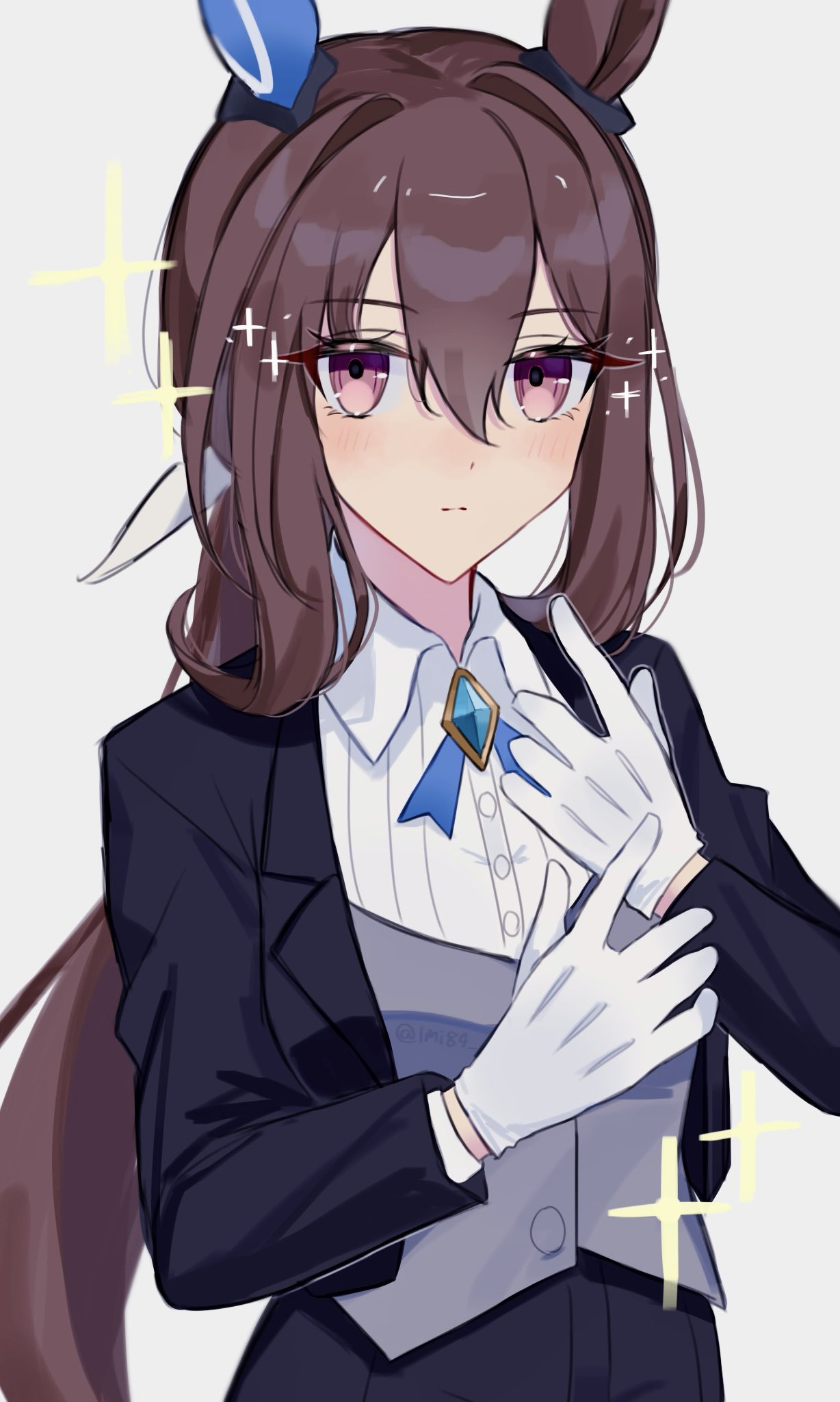 admire_vega_(umamusume) animal_ears black_jacket black_pants black_suit blush brown_hair butler closed_mouth collared_shirt ear_covers female_butler formal gloves hair_between_eyes hair_ribbon highres horse_ears horse_girl horse_tail jacket long_hair looking_at_viewer moe_(lmi84) pants ponytail purple_eyes ribbon shirt simple_background single_ear_cover suit tail umamusume white_background white_gloves white_ribbon white_shirt