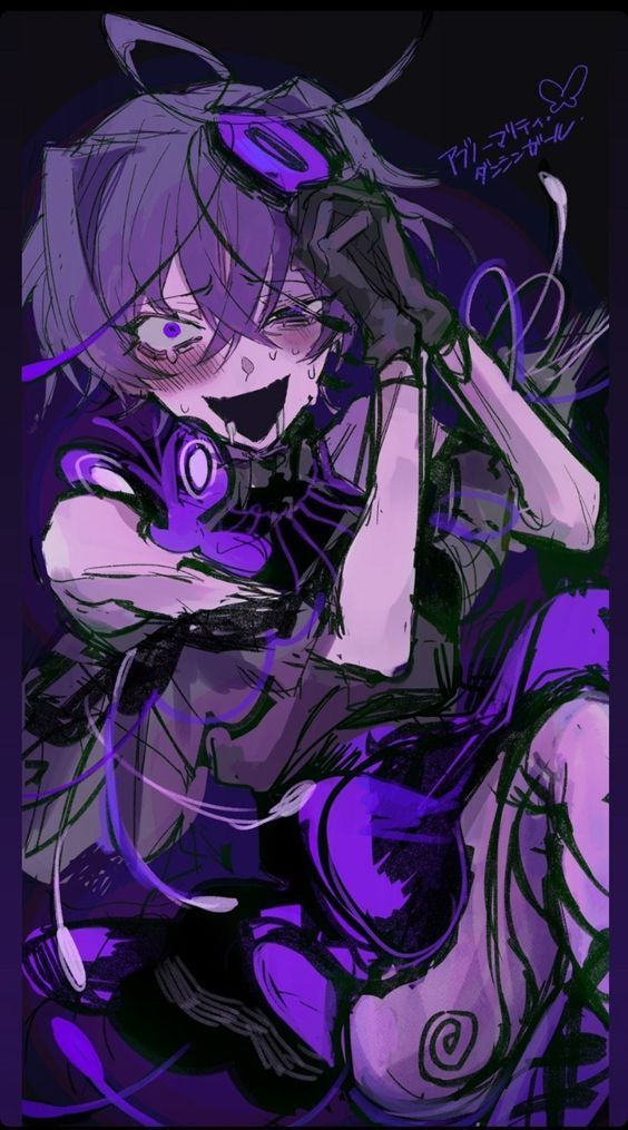 1girl abnormality_dancin'_girl_(vocaloid) ahoge black_dress black_gloves blush crazy_eyes crazy_smile crossed_bangs dress flower_(vocaloid) gloves hair_ornament kuroume_(aihikarikuroume24) looking_at_viewer non-web_source off_shoulder own_hands_together purple_dress purple_eyes purple_hair purple_theme see-through short_hair smile sweat vocaloid