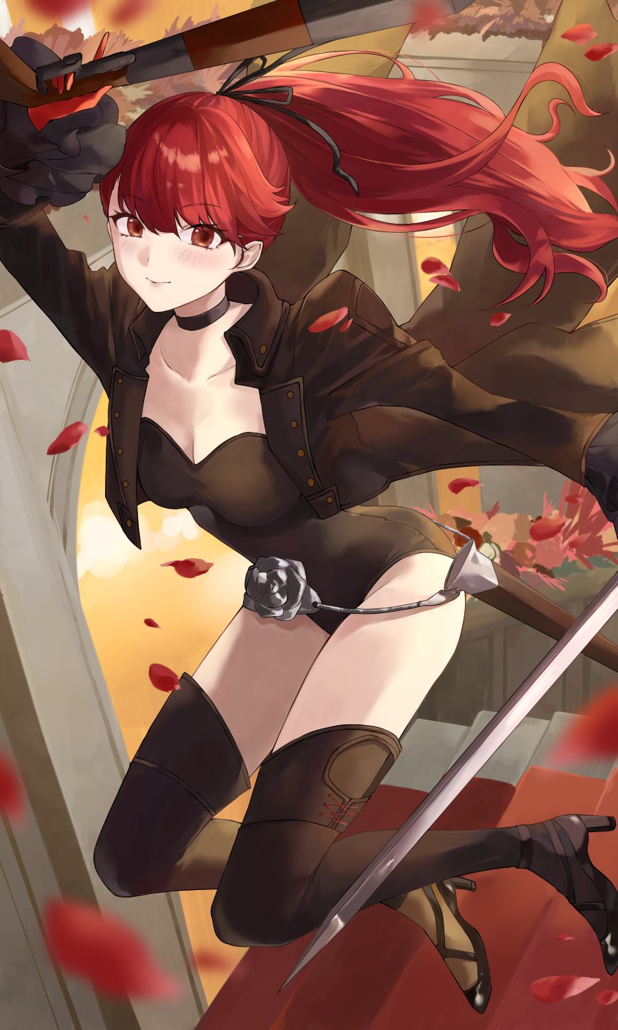 1girl arm_up black_choker black_coat black_footwear black_leotard black_thighhighs blush breasts choker cleavage closed_mouth coat commentary_request falling_petals frilled_sleeves frills highres holding holding_weapon konchi_(63438789) leotard long_coat long_sleeves looking_at_viewer medium_breasts open_clothes open_coat persona persona_5 persona_5_the_royal petals ponytail red_eyes red_hair rose_petals smile solo stairs thighhighs weapon yoshizawa_kasumi