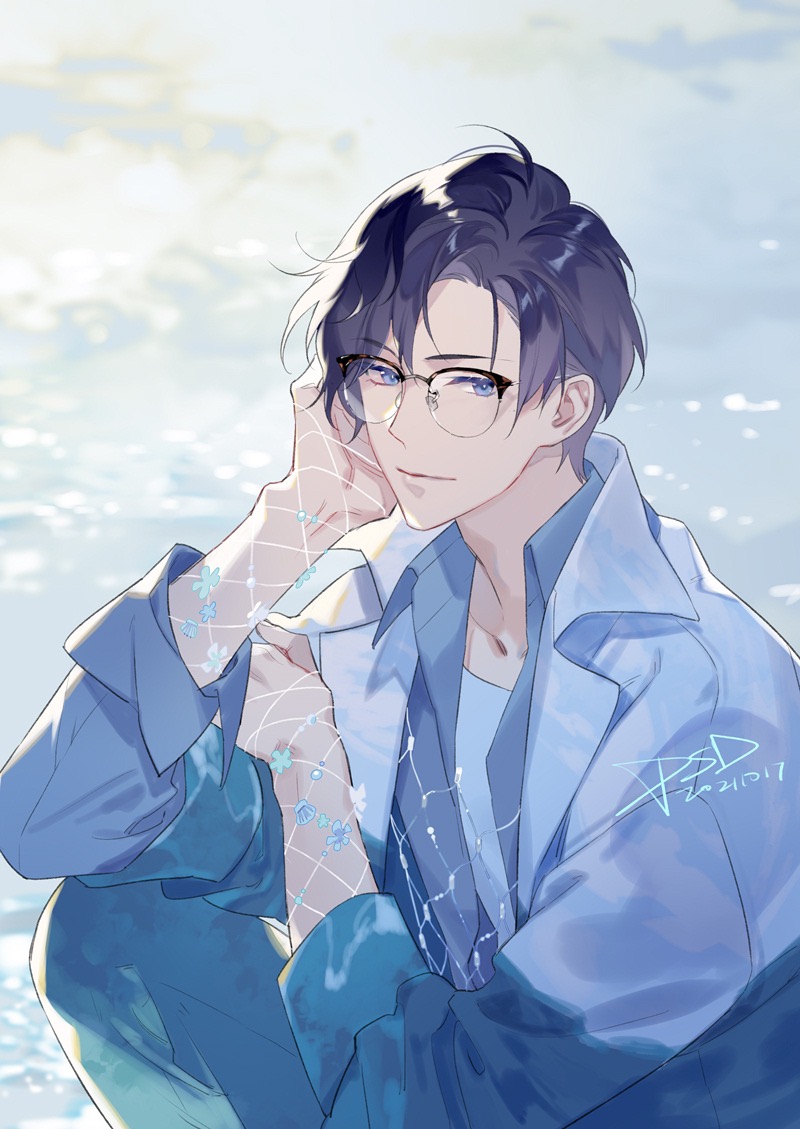 1boy blue_eyes blue_hair blue_jacket blue_pants clarence_clayden closed_mouth collared_jacket dark_blue_hair feet_out_of_frame fishnet_gloves fishnets glasses gloves head_rest jacket knee_up layered_sleeves long_sleeves looking_at_viewer lovebrush_chronicles male_focus mole mole_under_eye ocean pants parted_bangs psd_(psdgai) seashell shell shirt short_hair sleeves_rolled_up smile white_gloves white_shirt