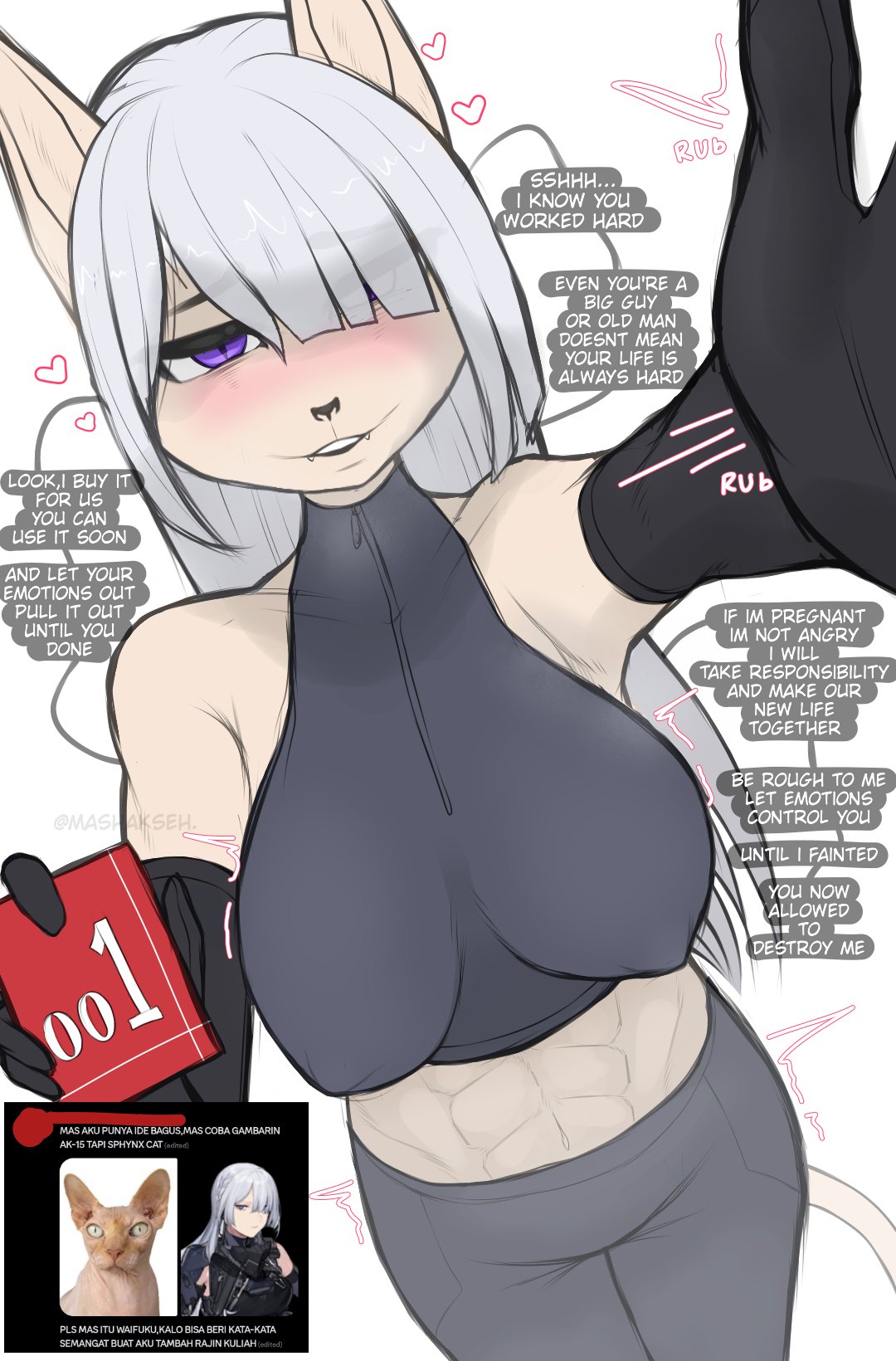 abs age_difference ak-15 anthro armpit_fetish big_breasts blush breasts clothing condom dialogue digital_media_(artwork) domestic_cat duo english_text erection felid feline felis female girls_frontline gym_clothing hairless hairless_cat hi_res male male/female mammal mashakseh muscular muscular_female sexual_barrier_device simple_background smile sphynx_(cat) teasing text thick_thighs