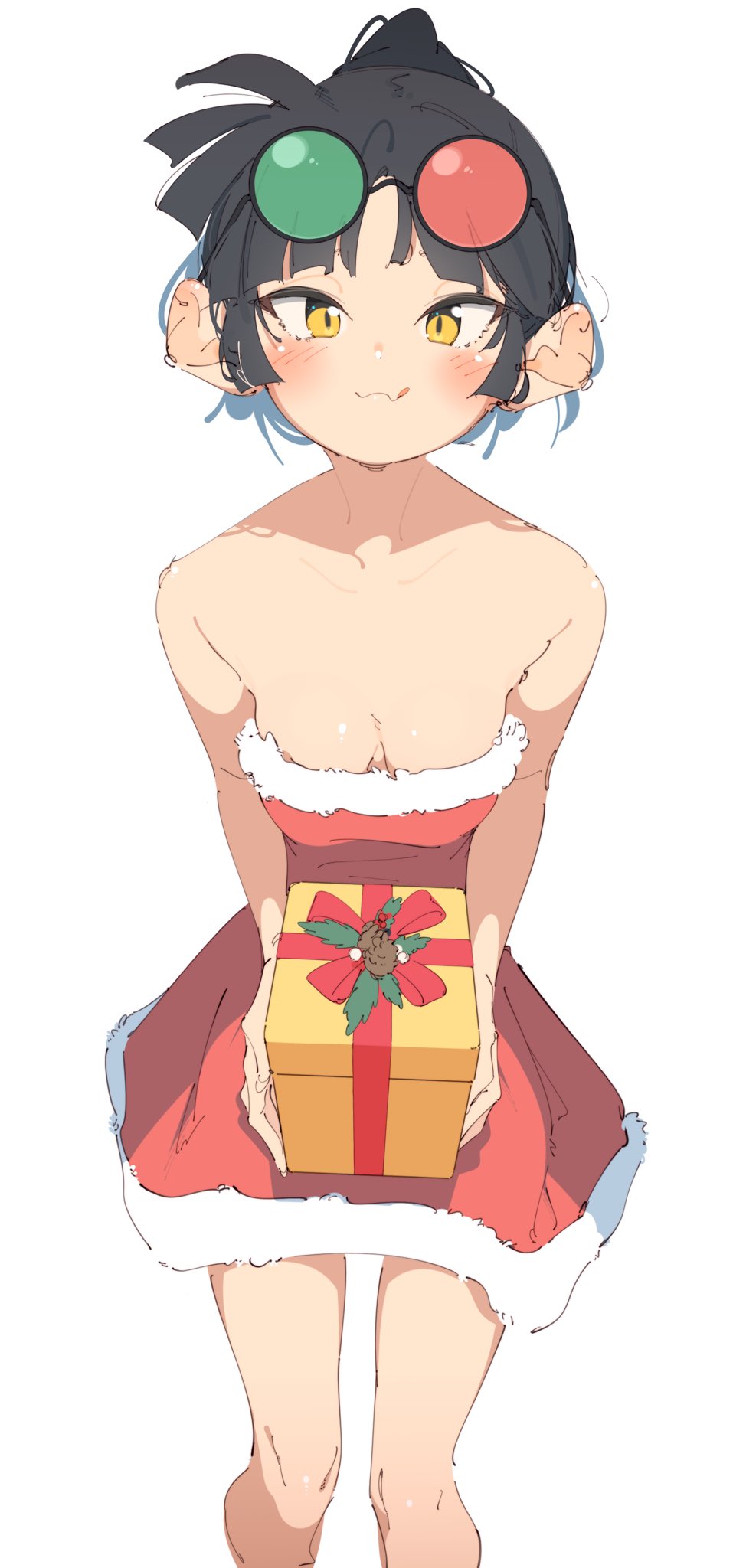 1girl 3d_glasses an-an_lee bare_arms bare_shoulders black_hair blush breasts cleavage closed_mouth dress eyewear_on_head feet_out_of_frame gift highres holding holding_gift licking_lips looking_at_viewer rasusurasu reverse:1999 santa_dress simple_background small_breasts smile solo strapless strapless_dress sunglasses tongue tongue_out white_background yellow_eyes