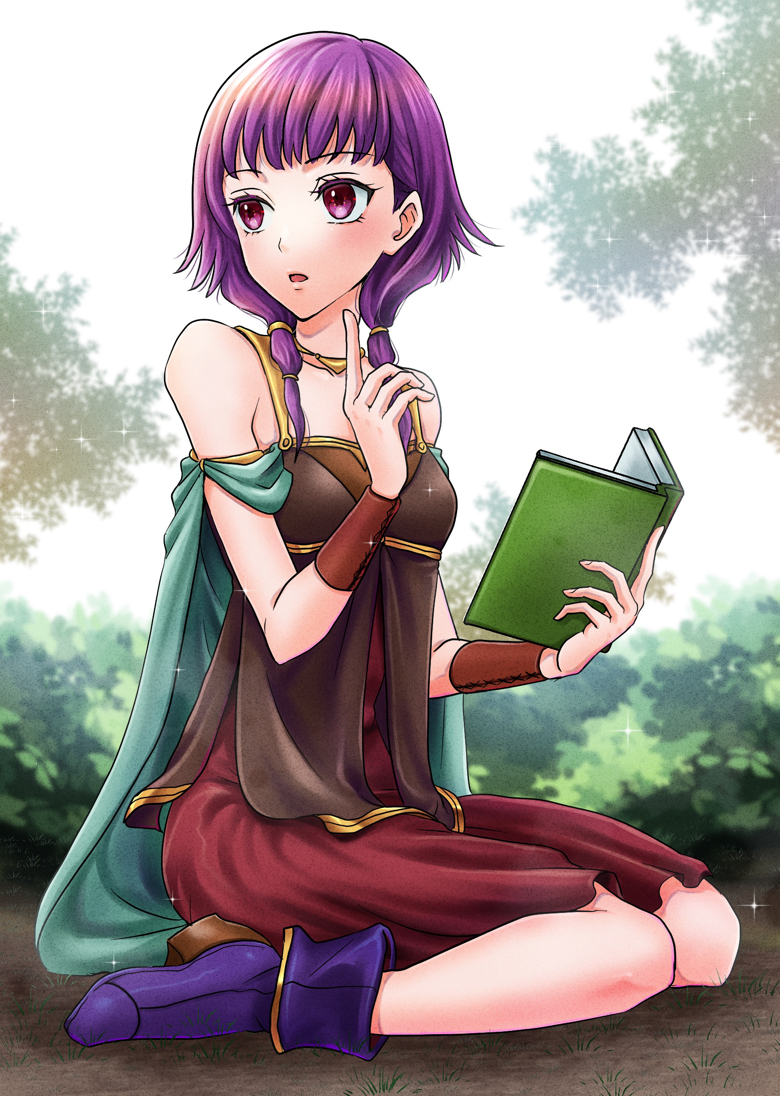 1girl bare_shoulders book dress fire_emblem fire_emblem:_the_sacred_stones full_body holding holding_book index_finger_raised looking_to_the_side lute_(fire_emblem) on_ground open_book open_mouth purple_eyes purple_footwear purple_hair red_dress sitting sleeveless sleeveless_dress solo umehime wariza