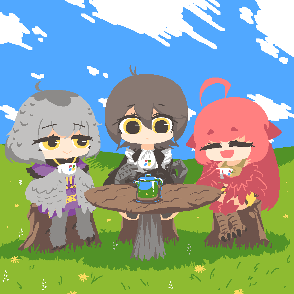 3girls ahoge bird_legs bliss_(image) borrowed_character brown_tank_top claws closed_eyes coco_(eogks) commentary cup dress feathered_wings feathers grass grey_feathers grey_hair grey_wings hair_between_eyes harpy holding holding_cup holding_with_feet jupiter1390 kettle long_hair microsoft_paint_(medium) microsoft_windows mono_(sifserf) monster_girl multiple_girls mushroom open_mouth purple_dress red_feathers red_hair red_wings short_hair sitting_on_tree_stump skirt symbol-only_commentary talons tank_top tea_party teacup tree_stump winged_arms wings yellow_eyes yellow_skirt
