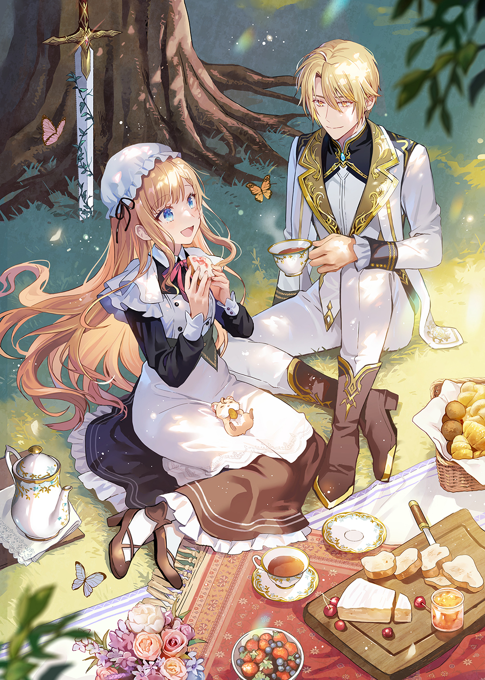 1boy 1girl :d apron basket blonde_hair blue_butterfly blue_eyes blueberry blurry blurry_foreground bread bread_bun bread_slice bug butterfly buttons cheese closed_mouth creature cup cutting_board day dress food frilled_dress frilled_hat frills fruit fruit_bowl gem gold_trim grass hat highres holding holding_cup holding_food leaf light_particles lino_chang long_hair long_sleeves maid napkin official_art open_mouth original outdoors pants picnic pink_butterfly planted planted_sword red_carpet short_hair sitting smile solo strawberry suit sword teacup teapot tree weapon white_apron white_headwear white_pants white_suit yellow_eyes