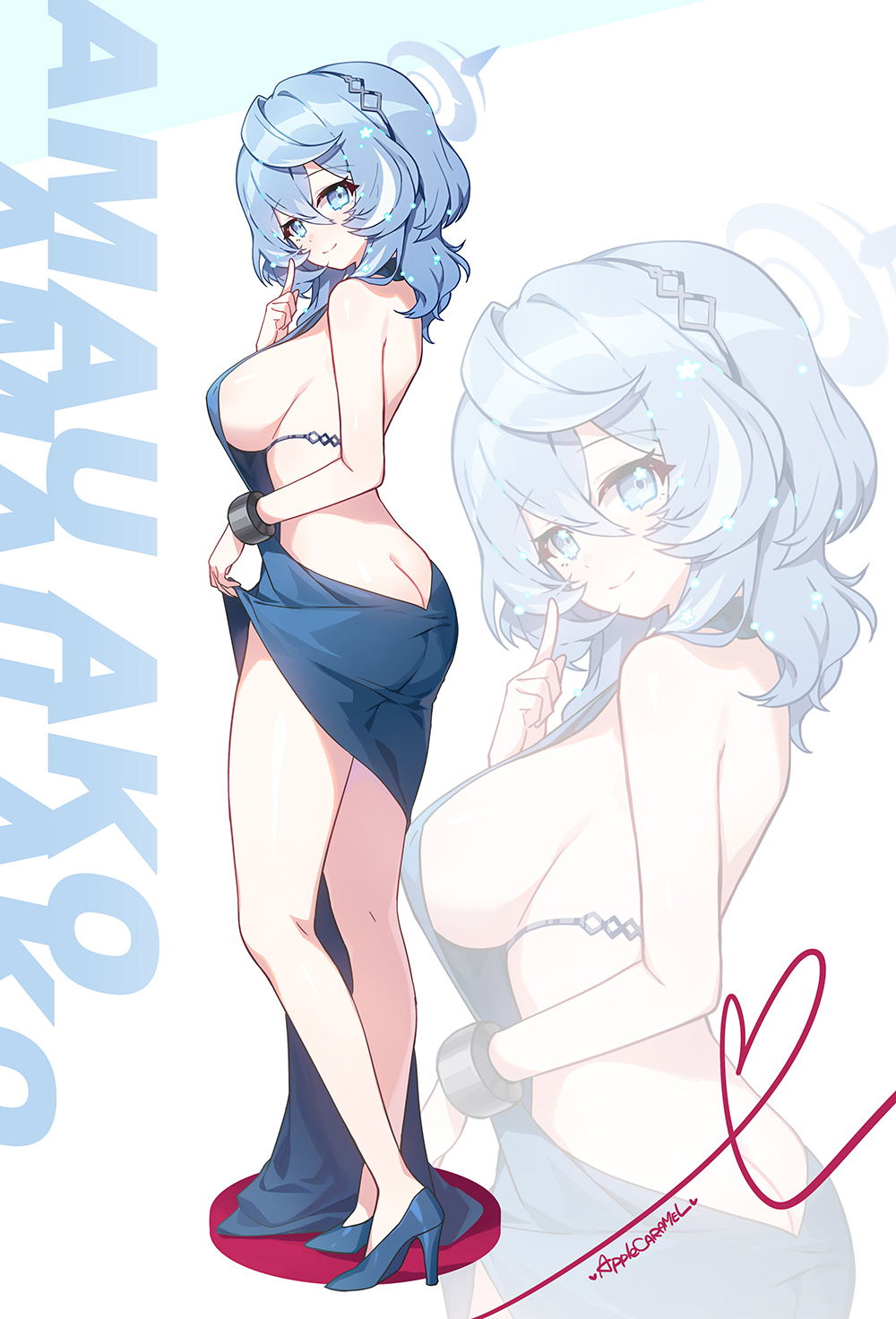1girl ako_(blue_archive) ako_(dress)_(blue_archive) apple_caramel ass back backless_dress backless_outfit bare_arms bare_back bare_legs bare_shoulders blue_archive blue_eyes blue_hair blush breasts butt_crack character_name closed_mouth clothes_lift dress dress_lift from_behind full_body hair_between_eyes halterneck high_heels highres index_finger_raised jewelry large_breasts looking_at_viewer looking_back medium_hair official_alternate_costume sideboob simple_background sleeveless smile solo standing swimsuit thighs white_background