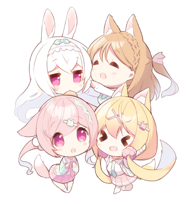 &gt;_&lt; 4girls :d amamiya_aki amamiya_mei animal_ears blonde_hair blue_jacket blush braid brown_hair chibi collared_shirt commentary_request cynthia_riddle fox_ears fox_girl fox_tail hair_between_eyes jacket long_hair long_sleeves lowres milia_leclerc mofu-mofu_after_school mofumofu_channel multiple_girls necktie one_side_up open_clothes open_jacket outstretched_arm p19 pink_eyes pink_hair pink_necktie pink_skirt pleated_skirt rabbit_ears shirt skirt sleeves_past_wrists smile tail transparent_background very_long_hair white_hair white_shirt xd