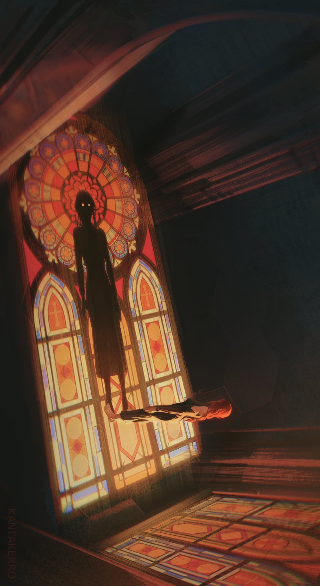 1girl black_dress braid braided_ponytail chainsaw_man church dress eyes_in_shadow highres indoors kantakerro long_hair makima_(chainsaw_man) red_hair ringed_eyes shadow solo stained_glass yellow_eyes