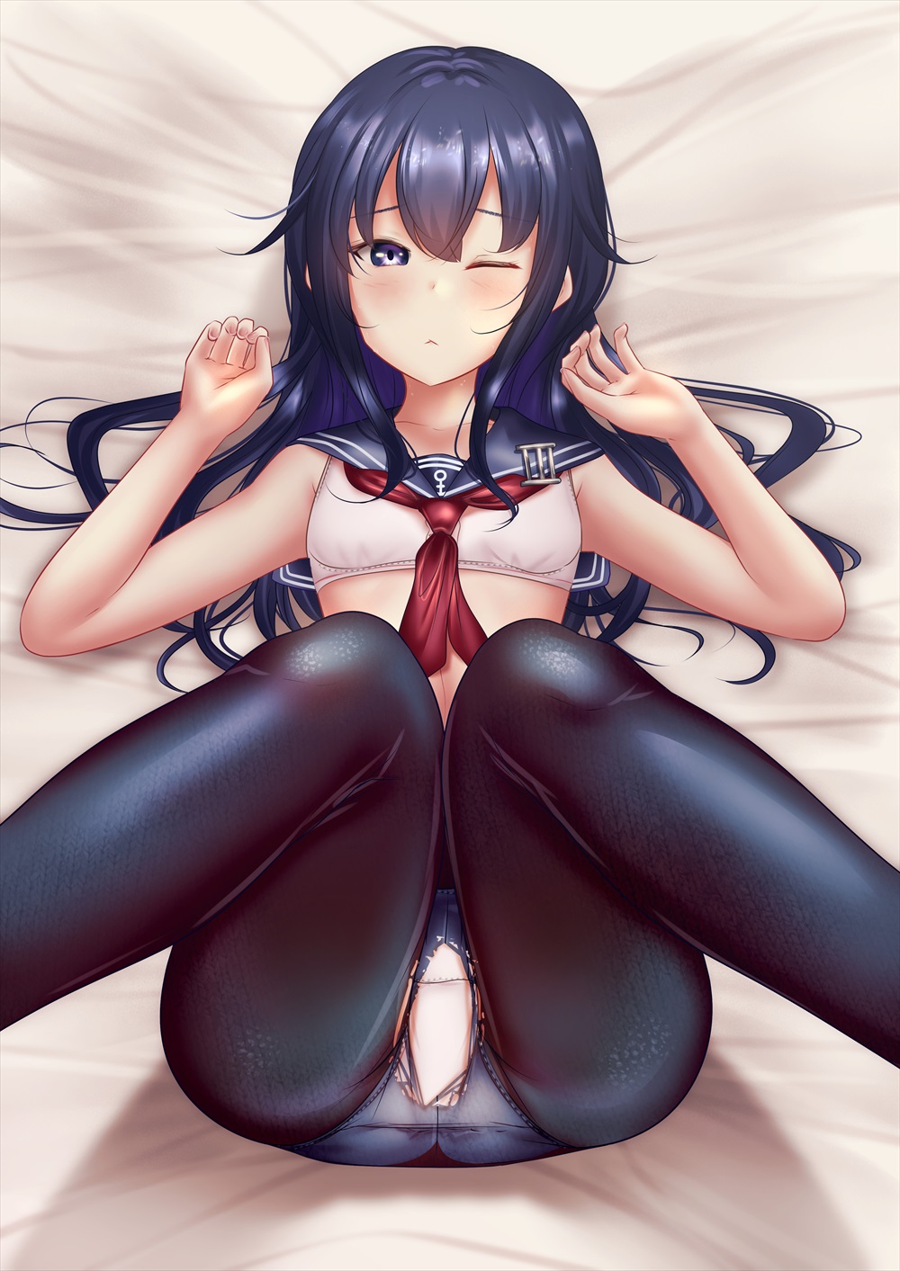 1girl akatsuki_(kancolle) black_pantyhose blue_sailor_collar bra breasts closed_mouth highres kantai_collection long_hair looking_at_viewer lying neckerchief on_back one_eye_closed panties panties_under_pantyhose pantyhose purple_eyes purple_hair red_neckerchief sailor_collar shounen_(hogehoge) small_breasts solo torn_clothes torn_pantyhose underwear white_bra white_panties