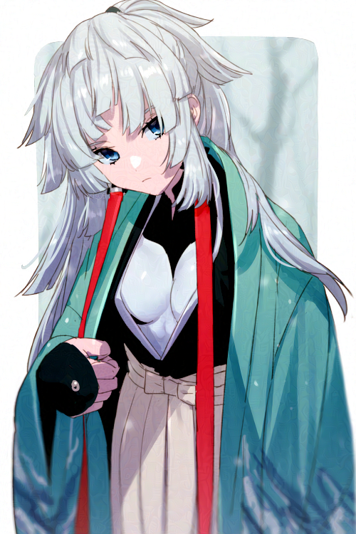 1girl black_bodysuit black_kimono blurry blurry_background bodysuit bodysuit_under_clothes border bow_skirt breasts breasts_apart brown_skirt closed_mouth covered_nipples earrings echo_(circa) fate/grand_order fate/samurai_remnant fate_(series) green_eyes green_hakama green_kimono hair_ribbon hakama hakama_skirt japanese_clothes jewelry kimono leaning_forward long_hair long_sleeves looking_at_viewer medium_breasts open_clothes open_kimono parted_bangs pleated_skirt ponytail print_hakama ribbon sidelocks skirt snow solo turtleneck two-tone_bodysuit white_background white_bodysuit white_border white_hair white_hakama wide_sleeves yui_shousetsu_(fate) yui_shousetsu_(first_ascension)_(fate) yui_shousetsu_(second_ascension)_(fate)