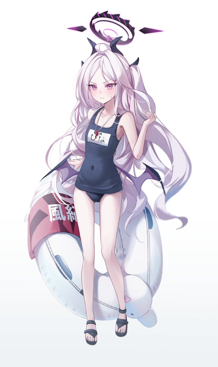 1girl bare_arms bare_legs bare_shoulders black_horns black_leotard blue_archive blush closed_mouth demon_horns gradient_background grey_hair halo highres hina_(blue_archive) hina_(swimsuit)_(blue_archive) horns innertube leotard long_hair multiple_horns myowa purple_eyes sandals solo strapless strapless_leotard swim_ring whistle whistle_around_neck