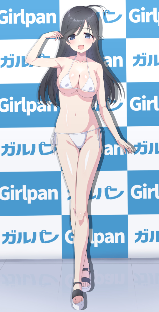 1girl ahoge bikini black_hair blue_eyes breasts checkered_background cleavage full_body girls_und_panzer igarashi_(igarashi_346) isuzu_hana large_breasts long_hair side-tie_bikini_bottom smile sofmap_background solo standing step_and_repeat swimsuit thigh_gap toeless_footwear white_bikini