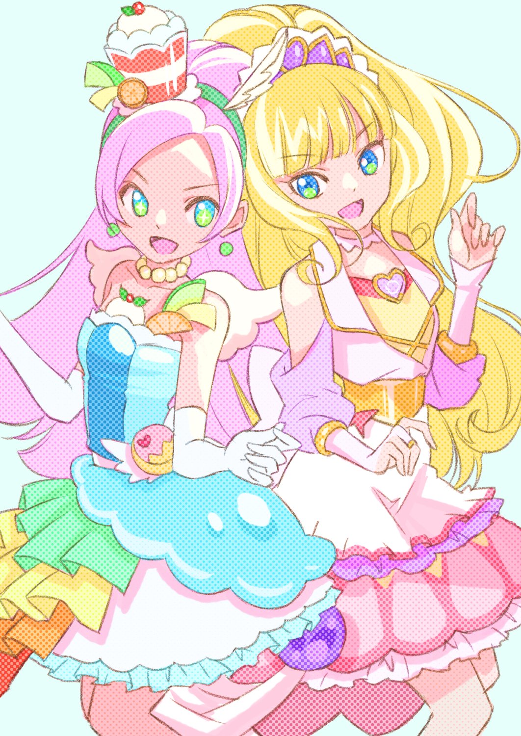 2girls bead_necklace beads big_hair blonde_hair blue_eyes blunt_bangs clothing_cutout commentary cure_finale cure_parfait delicious_party_precure dress earrings english_commentary food-themed_clothes food-themed_hair_ornament frilled_dress frills gloves green_eyes green_hairband hair_ornament hairband halftone highres in-franchise_crossover jewelry jj_(ssspulse) kasai_amane kirahoshi_ciel kirakira_precure_a_la_mode long_bangs long_hair long_sleeves looking_at_viewer magical_girl medium_dress multicolored_clothes multicolored_dress multiple_girls necklace open_mouth parfait pink_hair precure purple_headwear shoulder_cutout side-by-side smile standing tiara trait_connection white_dress white_gloves