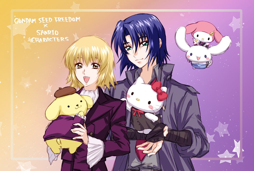 1boy 1girl aiai_x0301 athrun_zala blonde_hair blue_hair bow cagalli_yula_athha cinnamoroll coat formal green_eyes gundam gundam_seed gundam_seed_freedom hair_ornament hat hello_kitty hello_kitty_(character) looking_at_viewer my_melody necktie onegai_my_melody open_mouth pompompurin sanrio shirt short_hair smile suit yellow_eyes