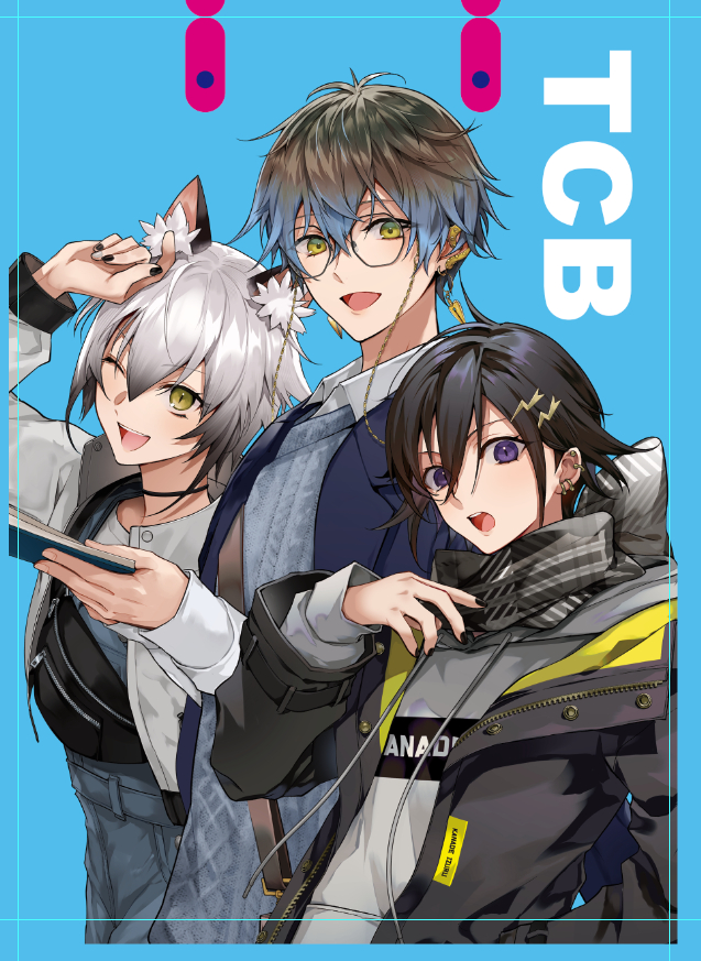 1girl 2boys :d :o ;d alternate_costume animal_ear_fluff animal_ears artist_name bag black_choker black_hair black_jacket black_nails black_scarf blue_background blue_border blue_hair blue_jacket blue_overalls blue_sweater_vest book border brown_hair cat_ears cat_girl choker collared_shirt colored_tips cowboy_shot creator_connection drawstring ear_covers ear_piercing earrings eyewear_strap fanny_pack glasses gradient_hair green_eyes grey_hair grey_hoodie hair_between_eyes hair_flaps hair_ornament hairclip hand_up holding holding_book holostars hood hood_down hoodie ike_eveland jacket jacket_on_shoulders jewelry kanade_izuru lightning_bolt_hair_ornament lightning_bolt_symbol long_sleeves looking_at_viewer multicolored_hair multicolored_nails multiple_boys nail_polish nekozeno_shin nijisanji nijisanji_en noripro one_eye_closed open_book open_clothes open_jacket overalls piercing plaid plaid_scarf purple_eyes scarf shirt short_hair shoulder_bag sleeves_past_wrists slit_pupils smile sweater_vest tcb teeth upper_body upper_teeth_only virtual_youtuber white_jacket white_nails white_shirt yellow_eyes zipper