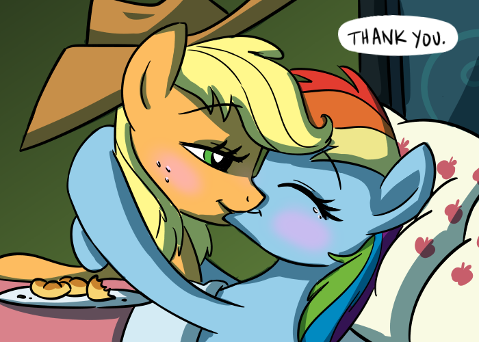 applejack_(mlp) bed blonde_hair blush couple cowboy_hat duo earth_pony equine female freckles friendship_is_magic hair hat horse kissing lesbian mammal multi-colored_hair my_little_pony pegasus pillow plate pony rainbow_dash_(mlp) rainbow_hair sketchyjackie wings