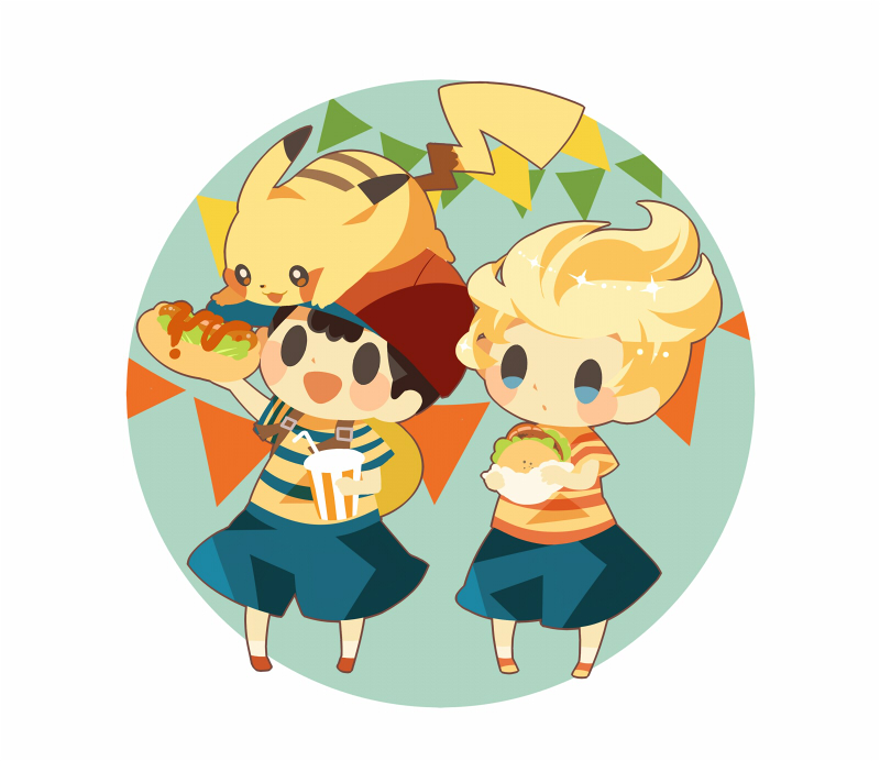 2boys backpack bag blue_shorts blush_stickers brown_bag burger crossover cup food full_body hitofutarai holding holding_cup holding_food hot_dog lucas_(mother_3) male_focus mother_(game) mother_2 mother_3 multiple_boys ness_(mother_2) on_head open_mouth orange_footwear pikachu pokemon pokemon_(creature) pokemon_on_head red_footwear shirt shorts solid_oval_eyes string_of_flags striped_clothes striped_shirt