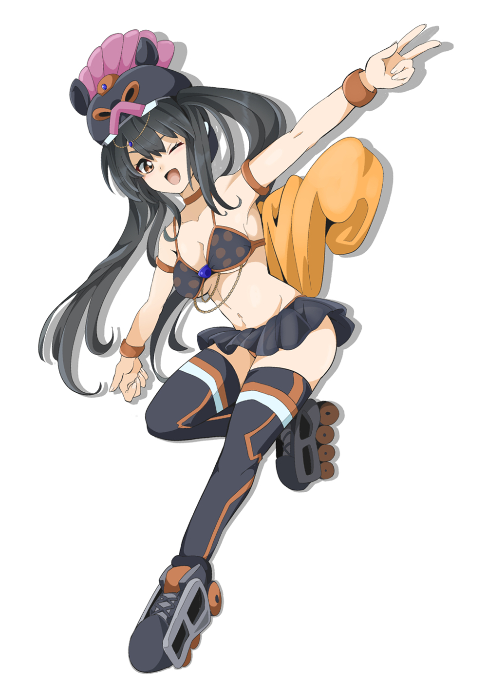 1girl adapted_costume arm_strap arm_up black_hair black_headwear black_sky bra commission duel_monster full_body hat highres i:p_masquerena long_hair mochi_curry open_mouth pixiv_commission roller_skates skates skirt sky solo stomach thighhighs underwear v wings wrist_straps yu-gi-oh!