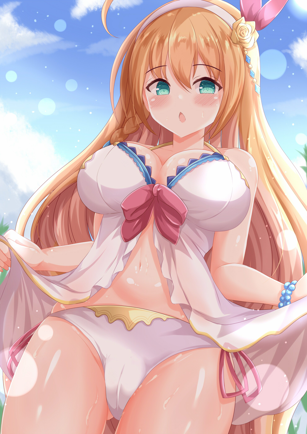 1girl bare_shoulders bikini blue_sky blush breasts brown_hair cameltoe chestnut_mouth cloud commentary_request day flower green_eyes hair_between_eyes hairband highres large_breasts long_hair navel open_mouth outdoors pecorine_(princess_connect!) princess_connect! rose sky solo standing swimsuit very_long_hair white_bikini white_hairband xenon_(for_achieve) yellow_flower yellow_rose