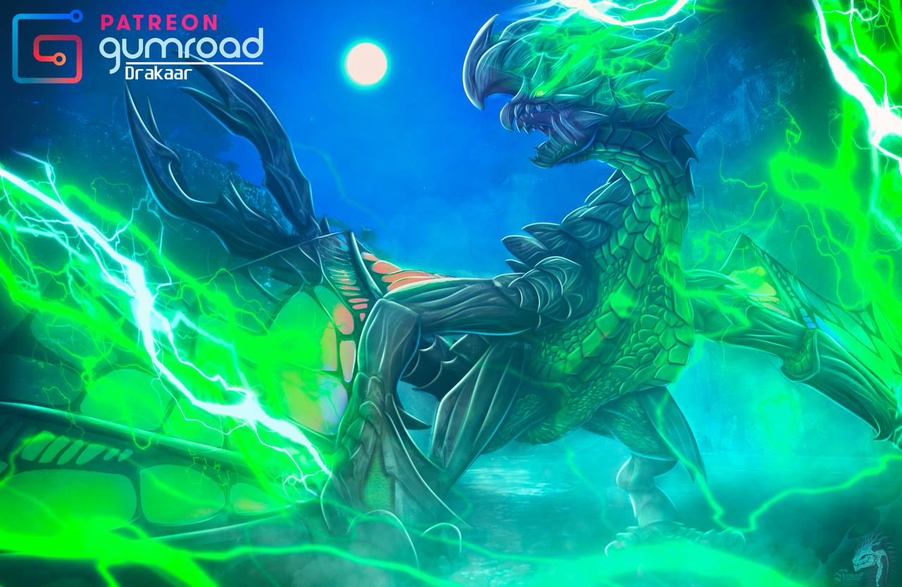 2023 ambiguous_gender artist_logo artist_name astalos belly_scales black_body black_scales capcom digital_media_(artwork) dragon drakaar electricity electricity_manipulation elemental_manipulation feral flying_wyvern green_body green_scales gumroad gumroad_logo logo monster_hunter moon open_mouth outside patreon scales scalie sky solo wings