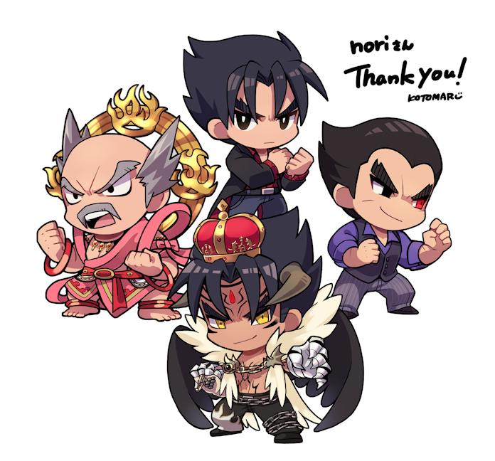 4boys balding black_eyes black_vest black_wings bright_pupils chibi clenched_hand closed_mouth commission crown devil_jin facial_hair fighting_stance forehead_jewel grey_facial_hair grey_hair grey_horns grey_pants heterochromia horns japanese_clothes kazama_jin kotorai male_focus mishima_heihachi mishima_kazuya multiple_boys mustache old old_man pants purple_shirt reaching reaching_towards_viewer red_eyes shirt short_hair signature skeb_commission smile tekken thank_you translation_request v-shaped_eyebrows vest white_background white_pupils wings yellow_eyes