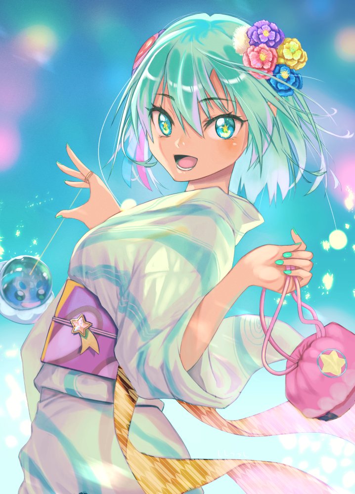 1girl aqua_eyes aqua_hair aqua_kimono aqua_nails bag flower from_side hagoromo_lala hair_flower hair_ornament handbag holding holding_bag japanese_clothes jj_(ssspulse) kimono long_sleeves looking_at_viewer obi open_mouth pointy_ears precure sash short_hair solo standing star-shaped_pupils star_(symbol) star_twinkle_precure symbol-shaped_pupils water_balloon yo-yo yukata