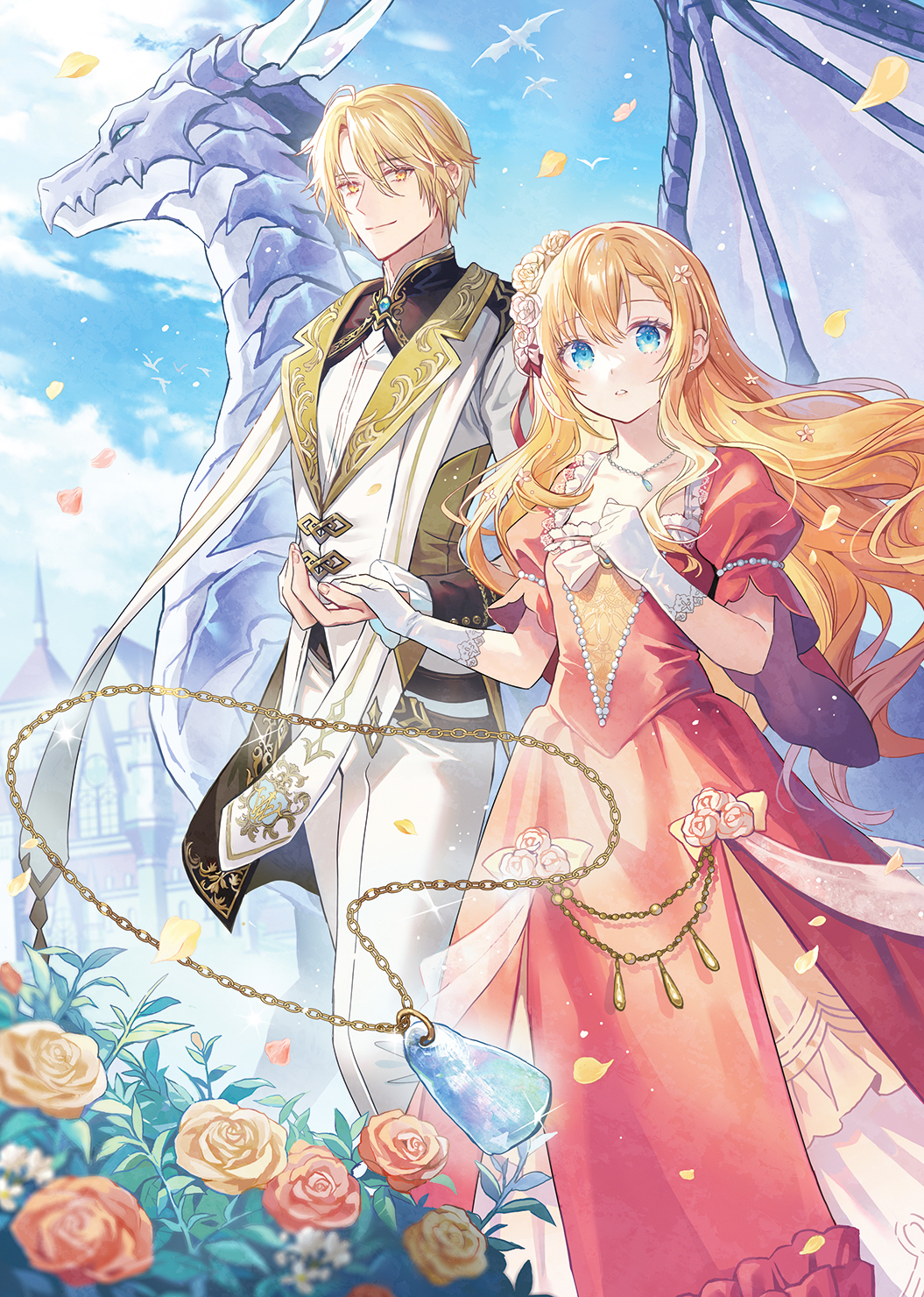 1boy 1girl beads blonde_hair blurry blurry_foreground braid building closed_mouth cloud day dragon dress eastern_dragon falling_petals flower frills gloves gold_trim hair_flower hair_ornament highres holding_hands jewelry light_particles lino_chang long_dress long_hair looking_at_viewer official_art orange_flower orange_rose original outdoors pants parted_lips pendant petals puffy_short_sleeves puffy_sleeves red_dress rose short_hair short_sleeves side_braid sky sparkle standing suit white_gloves white_pants white_suit wind yellow_flower yellow_rose
