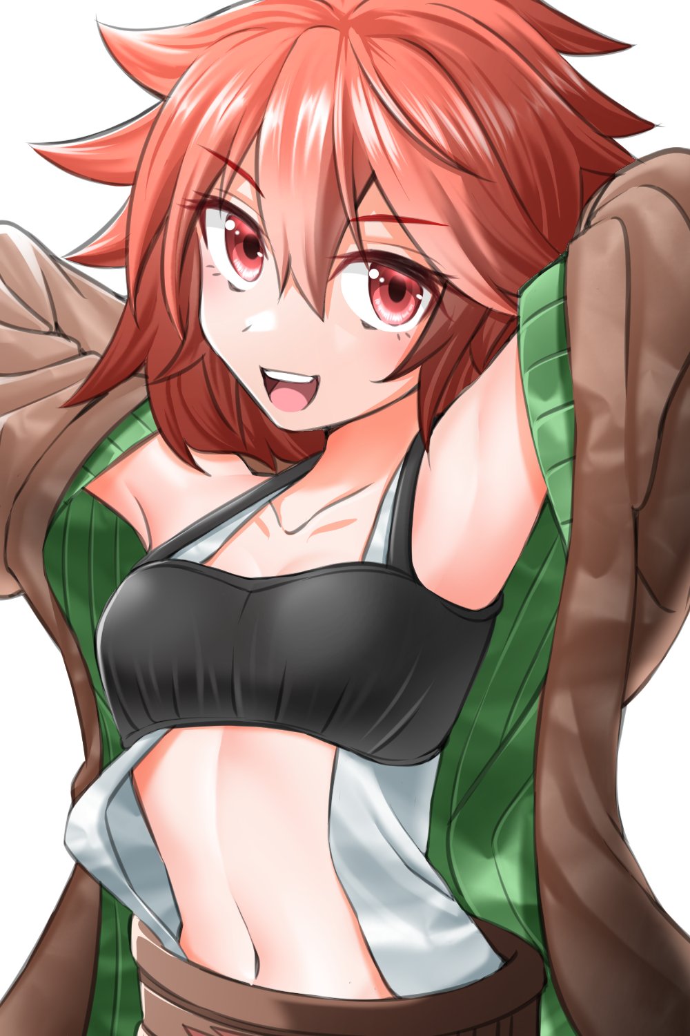 1girl arms_up belt bra breasts duel_monster highres hiita_(yu-gi-oh!) hiita_the_fire_charmer kakutasu_(akihiron_cactus) long_hair navel open_clothes open_mouth open_robe open_shirt red_eyes red_hair robe solo underwear upper_body yu-gi-oh!
