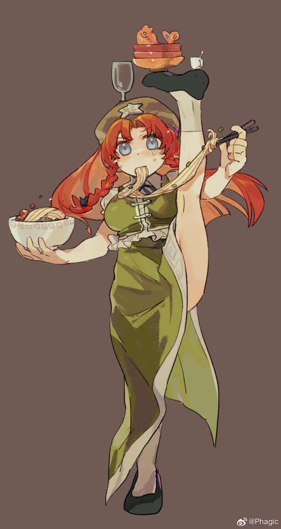 1girl black_footwear blue_eyes bowl breasts brown_background chinese_clothes chinese_commentary chopsticks commentary_request cup_on_head eating food frilled_vest frills glass green_headwear green_skirt green_vest hair_ornament hat highres holding holding_bowl holding_chopsticks hong_meiling large_breasts long_hair noodles orange_hair parted_bangs phagic simple_background skirt socks split standing standing_on_one_leg standing_split star_(symbol) star_hair_ornament taiyaki touhou udon vest wagashi weibo_username white_socks