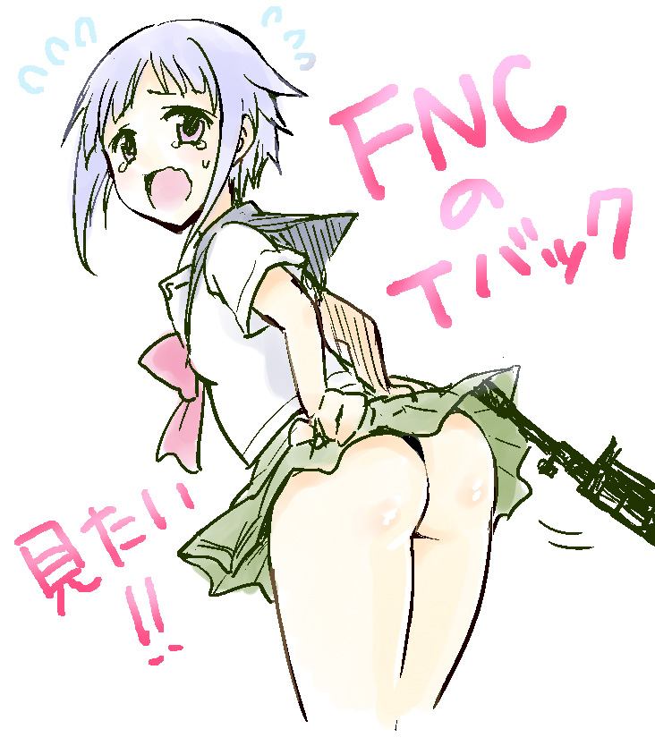 arms_behind_back ass assault_rifle assisted_exposure blue_hair bow crying crying_with_eyes_open fn_fnc fnc_(upotte!!) green_skirt gun leaning leaning_forward looking_back open_mouth pink_bow pleated_skirt purple_eyes rifle sakurai_makoto_(custom_size) school_uniform serafuku short_hair simple_background skirt skirt_lift solo sweat tears text_focus translation_request upotte!! wavy_mouth weapon white_background