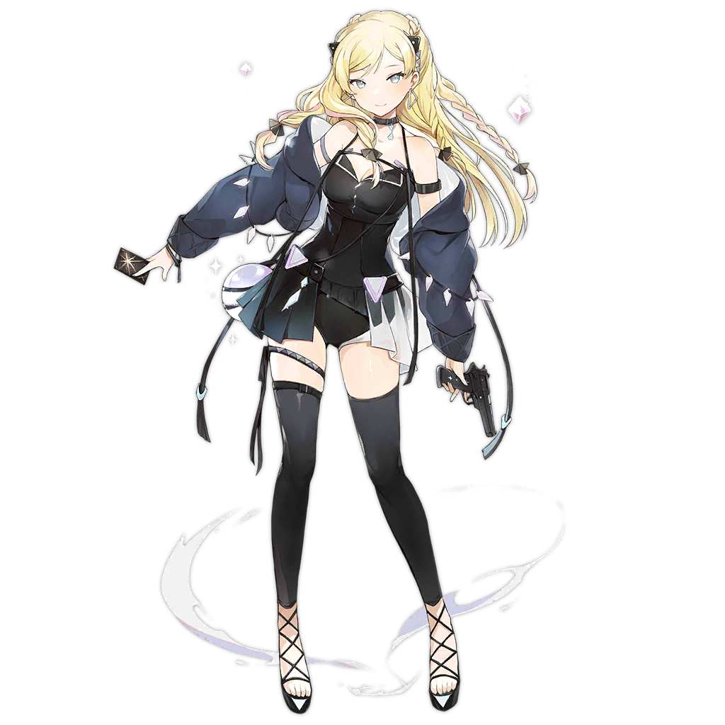 1girl armlet asymmetrical_skirt black_choker black_footwear black_leggings black_leotard black_skirt black_thighhighs blonde_hair blue_eyes blue_jacket braid breasts card choker cleavage closed_mouth crystal crystal_ball daewoo_k5 detached_leggings earrings floating floating_object full_body girls'_frontline gun hair_ornament handgun high_heels holding holding_card holding_gun holding_weapon jacket jewelry k5_(girls'_frontline) leggings leotard light_blush long_hair looking_at_viewer lpip medium_breasts off_shoulder official_alternate_costume official_art see-through see-through_skirt showgirl_skirt simple_background skirt smile smoke solo sparkle standing thighhighs third-party_source toeless_footwear toes transparent_background triangle triangle_earrings trigger_discipline weapon