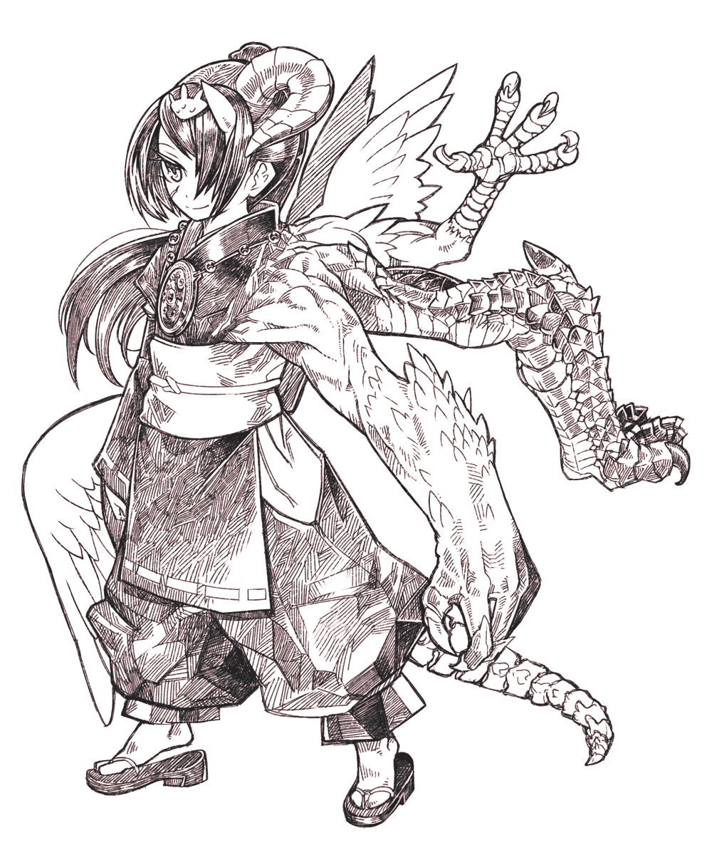 bad_id bad_pixiv_id claws extra_arms greyscale highres horns japanese_clothes kikukawa_norihiko monochrome monster_girl original sandals scales solo tail talons wings