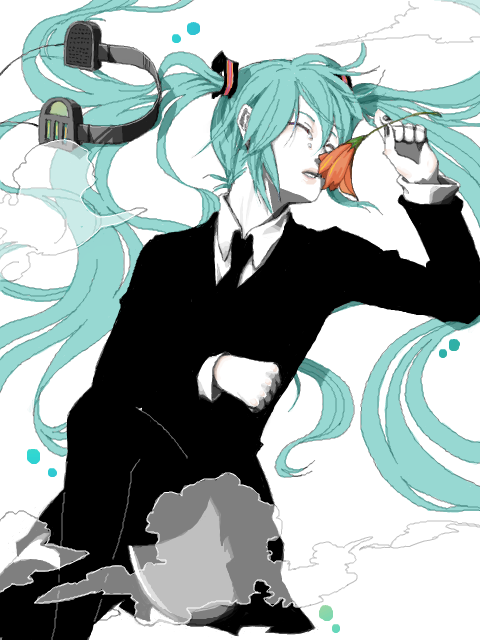 aqua_eyes aqua_hair artist_request bad_id bad_pixiv_id closed_eyes flower formal hatsune_miku long_hair lying necktie saihate_(vocaloid) skirt_suit solo suit tears thighhighs twintails vocaloid