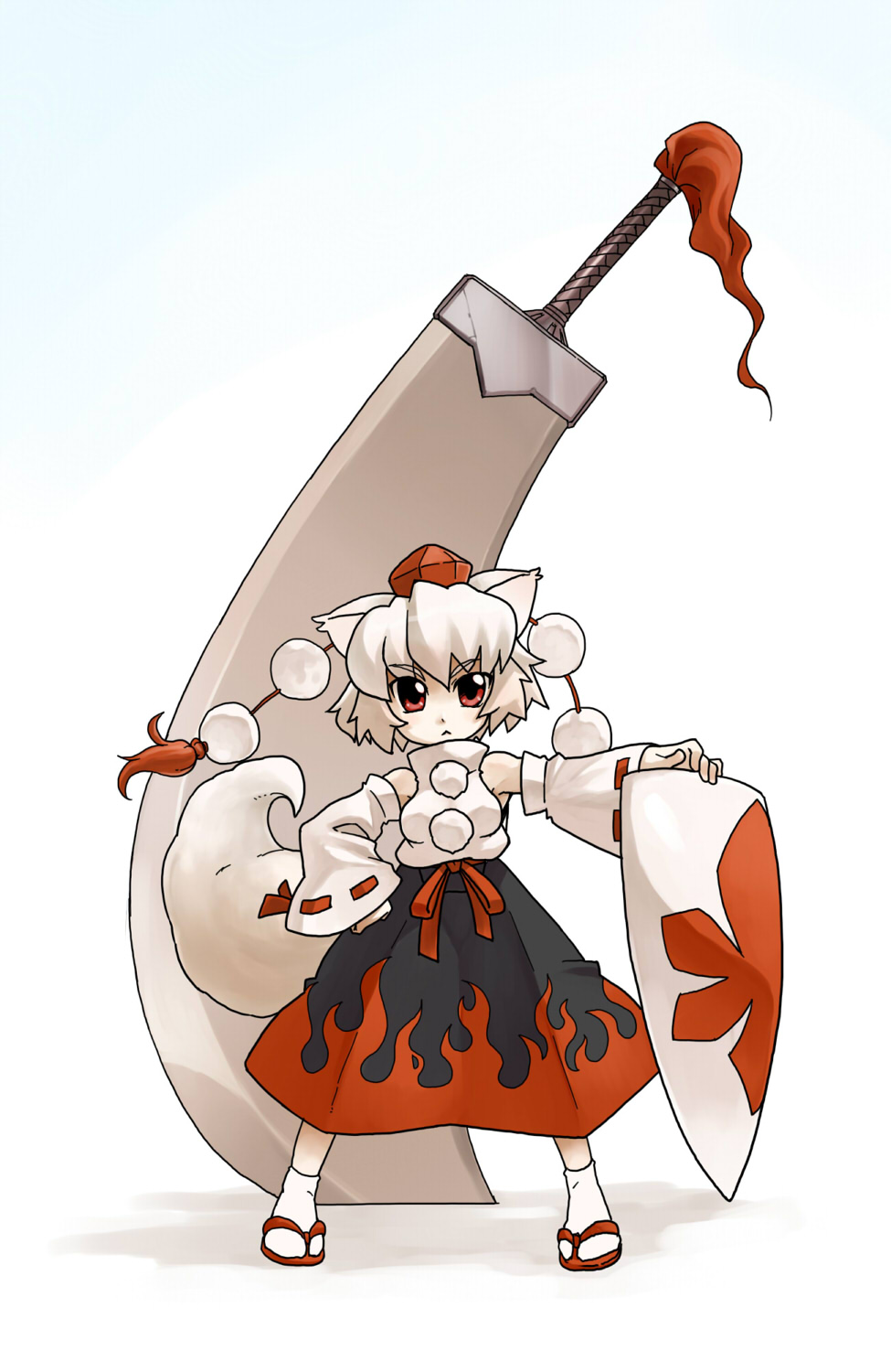 :&lt; alternate_weapon animal_ears detached_sleeves geta hat highres huge_weapon inubashiri_momiji phenne red_eyes sandals shield short_hair solo standing sword tail tokin_hat touhou weapon white_hair wolf_ears wolf_tail