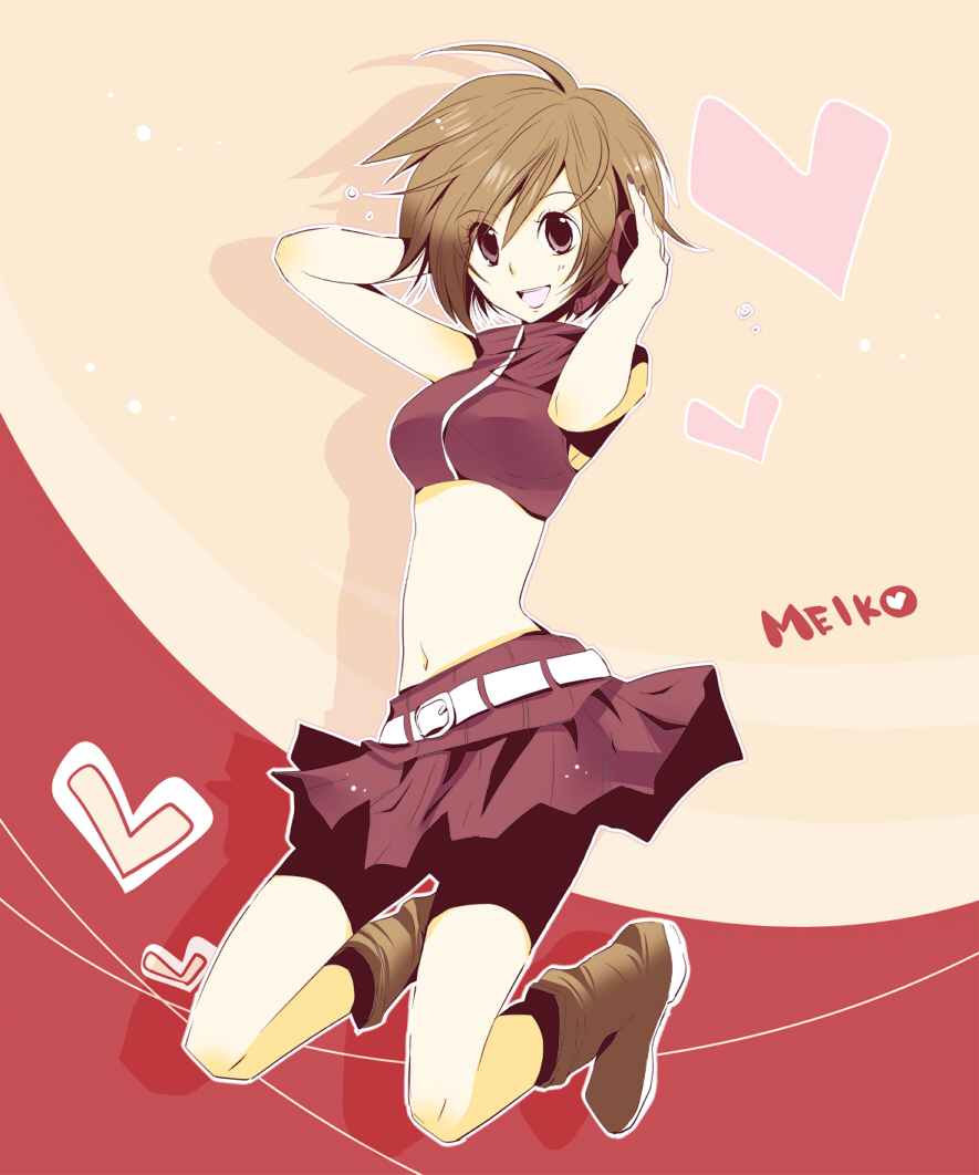 bad_id bad_pixiv_id belt boots brown_eyes brown_hair headphones heart jumping matsyumaro meiko midriff navel project_diva project_diva_(series) short_hair skirt smile solo vocaloid