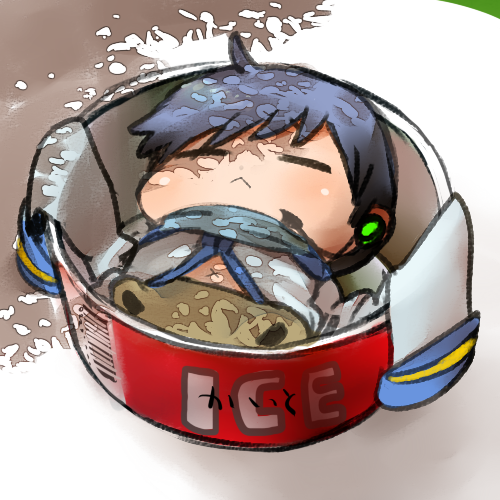 :&lt; agata_no_michi blue_hair chibi closed_eyes food headset ice_cream in_container kaito lowres lying male_focus on_back scarf sleeping solo vocaloid