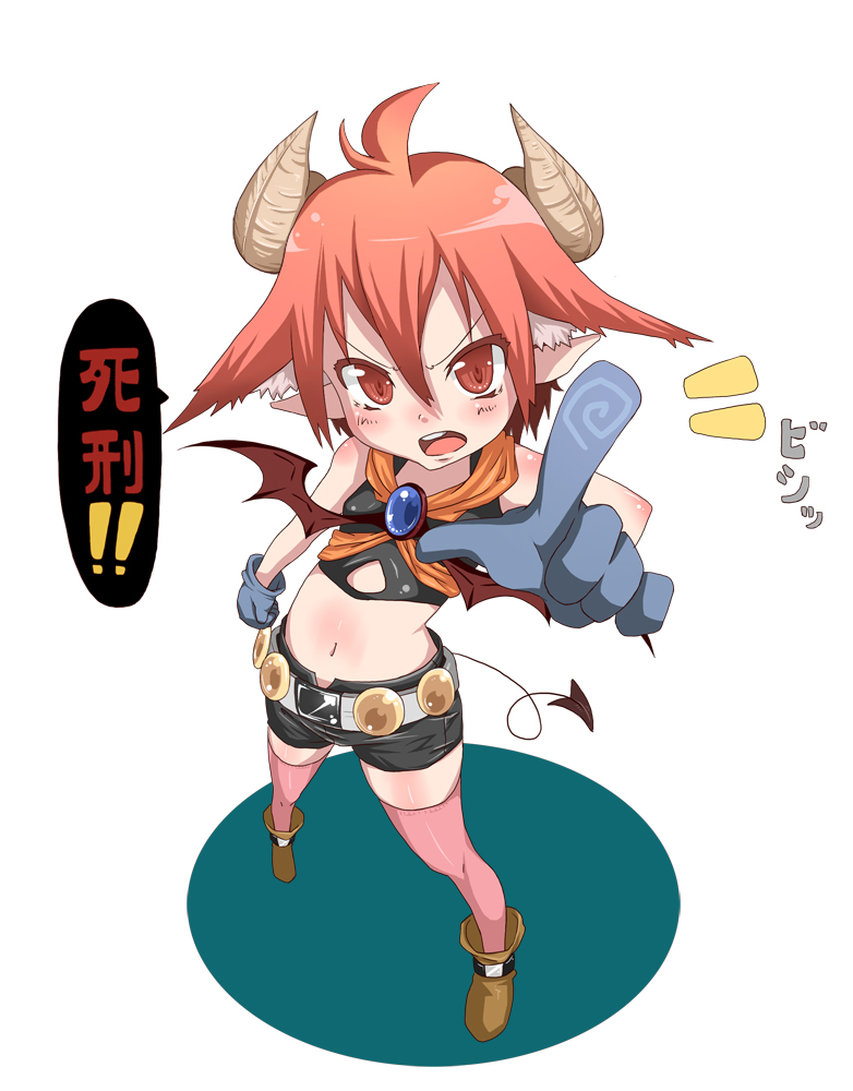 ahoge bad_id bad_pixiv_id belt chonbo_(artist) demon_girl demon_tail full_body gloves horns midriff navel original pointing pointing_at_viewer pointy_ears red_eyes red_hair short_hair shorts solo standing tail thighhighs wings