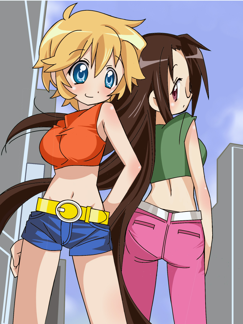 back-to-back bad_id bad_pixiv_id bare_legs bare_shoulders belt blonde_hair blue_eyes blush brown_hair casual day denim denim_shorts glasses long_hair looking_back looking_to_the_side lucky_star midriff multiple_girls navel pantylines patricia_martin red_eyes reverie_(artist) short_hair shorts sky smile tamura_hiyori very_long_hair