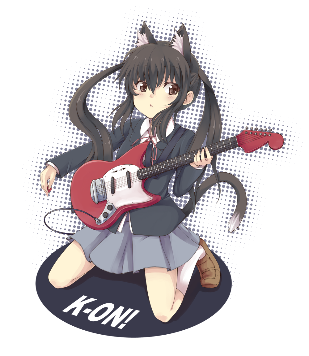 :&lt; animal_ears black_hair cat_ears guitar instrument k-on! long_hair nakano_azusa school_uniform solo yuuki_shin