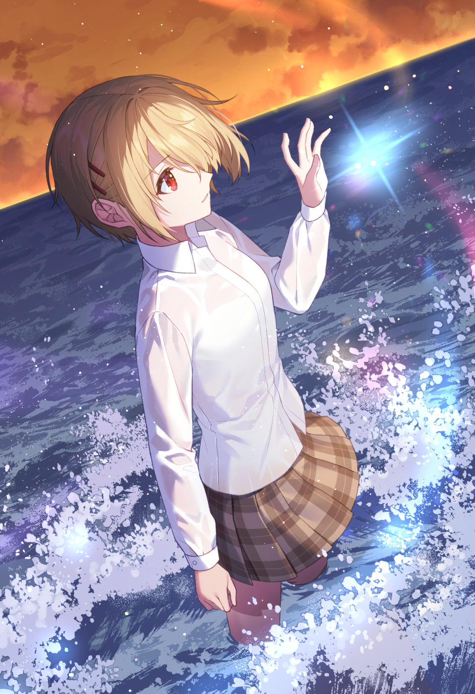 1girl arm_at_side bare_legs blonde_hair brown_skirt cloud commentary_request hair_ornament hair_over_one_eye hairclip hand_up heaven_burns_red highres horizon jenevan kayamori_ruka light_particles long_sleeves magic ocean outdoors parted_lips partially_submerged plaid plaid_skirt red_eyes school_uniform shirt short_hair sidelocks skirt sky solo splashing standing water wet wet_clothes wet_shirt white_shirt yellow_sky